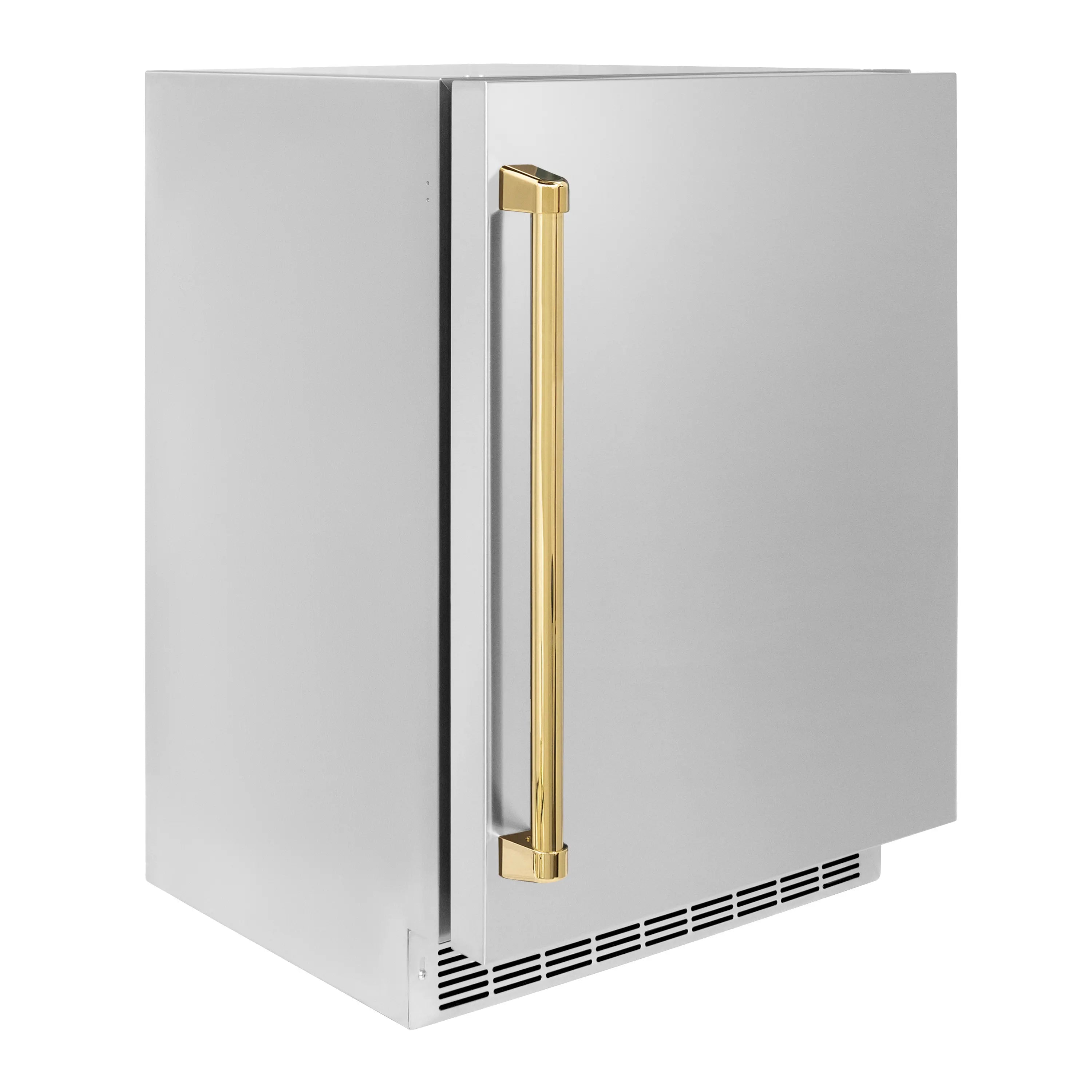 Beverage fridge with solid stainless door and polished gold vertical handle