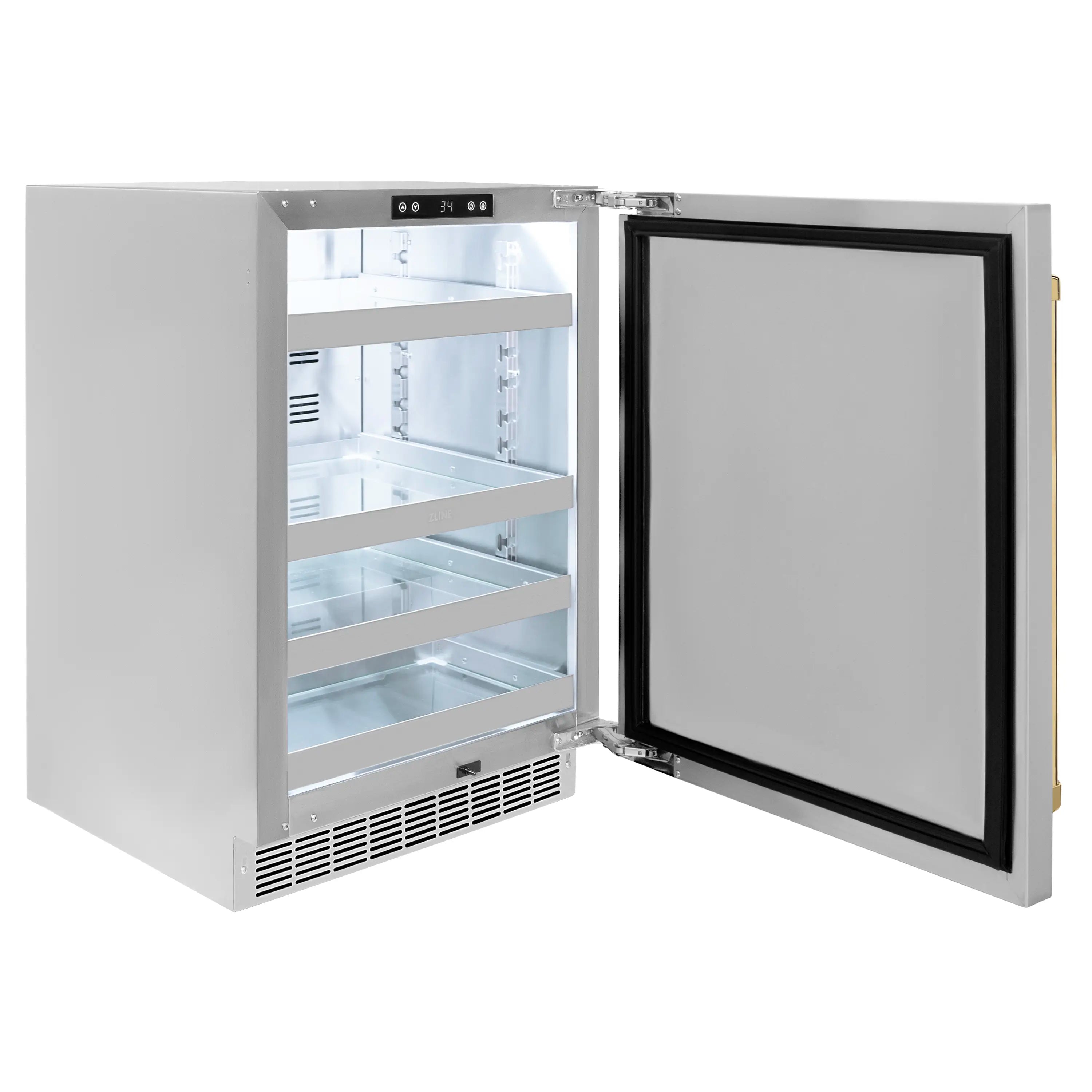 Beverage fridge with door open, glass shelves, and polished gold side handle