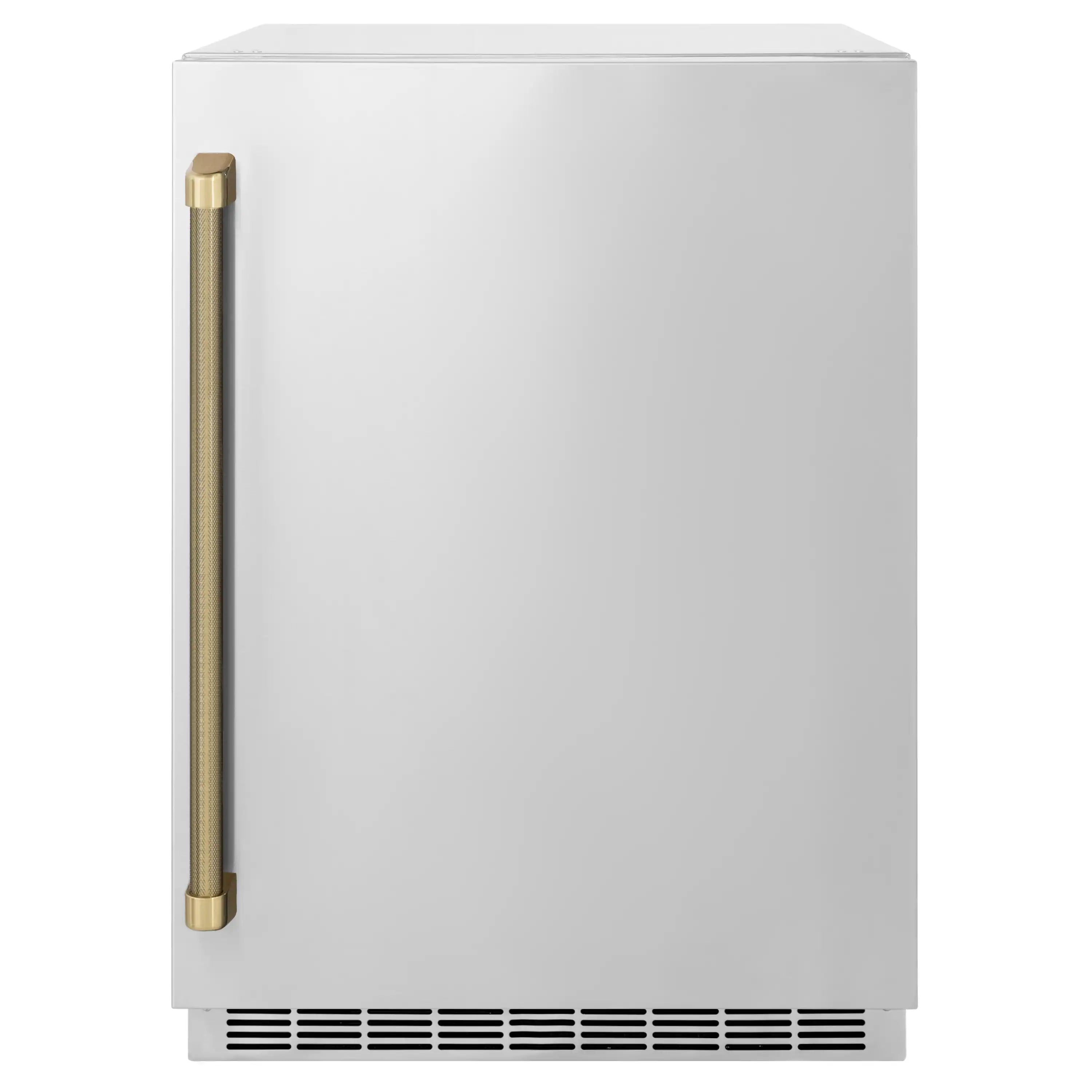 Stainless beverage refrigerator with bronze vertical helix handle