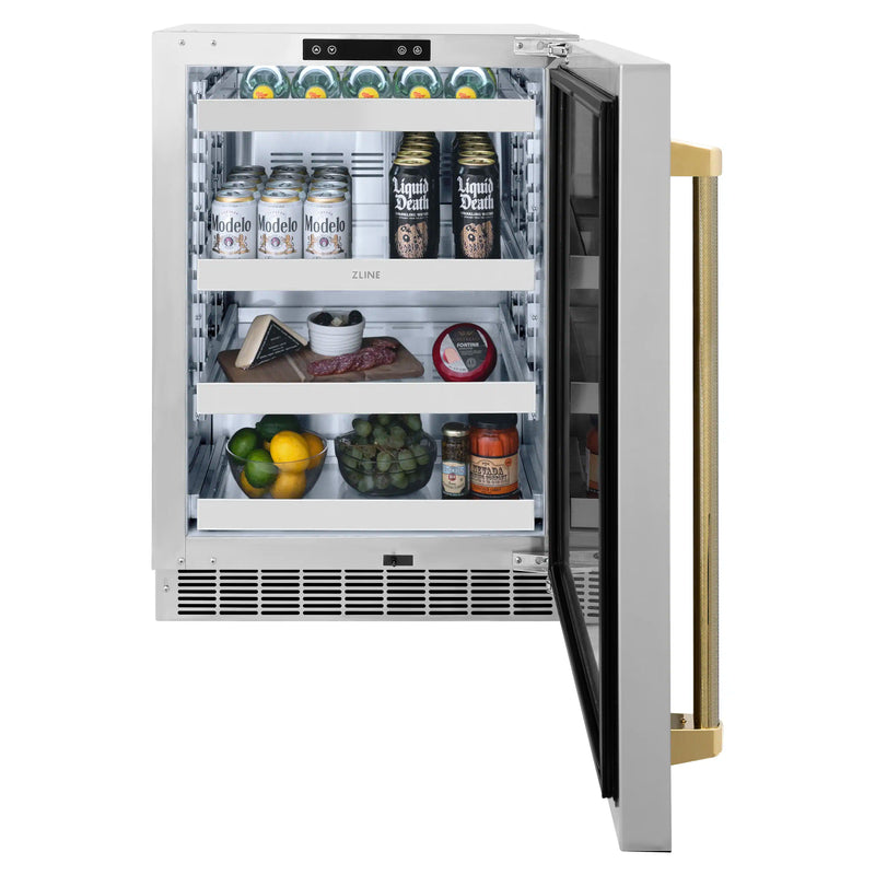 ZLINE Autograph 24-Inch Touchstone Beverage Fridge with Stainless Steel Door and Gold Helix Handle (RBSOZ-ST-24-KG)