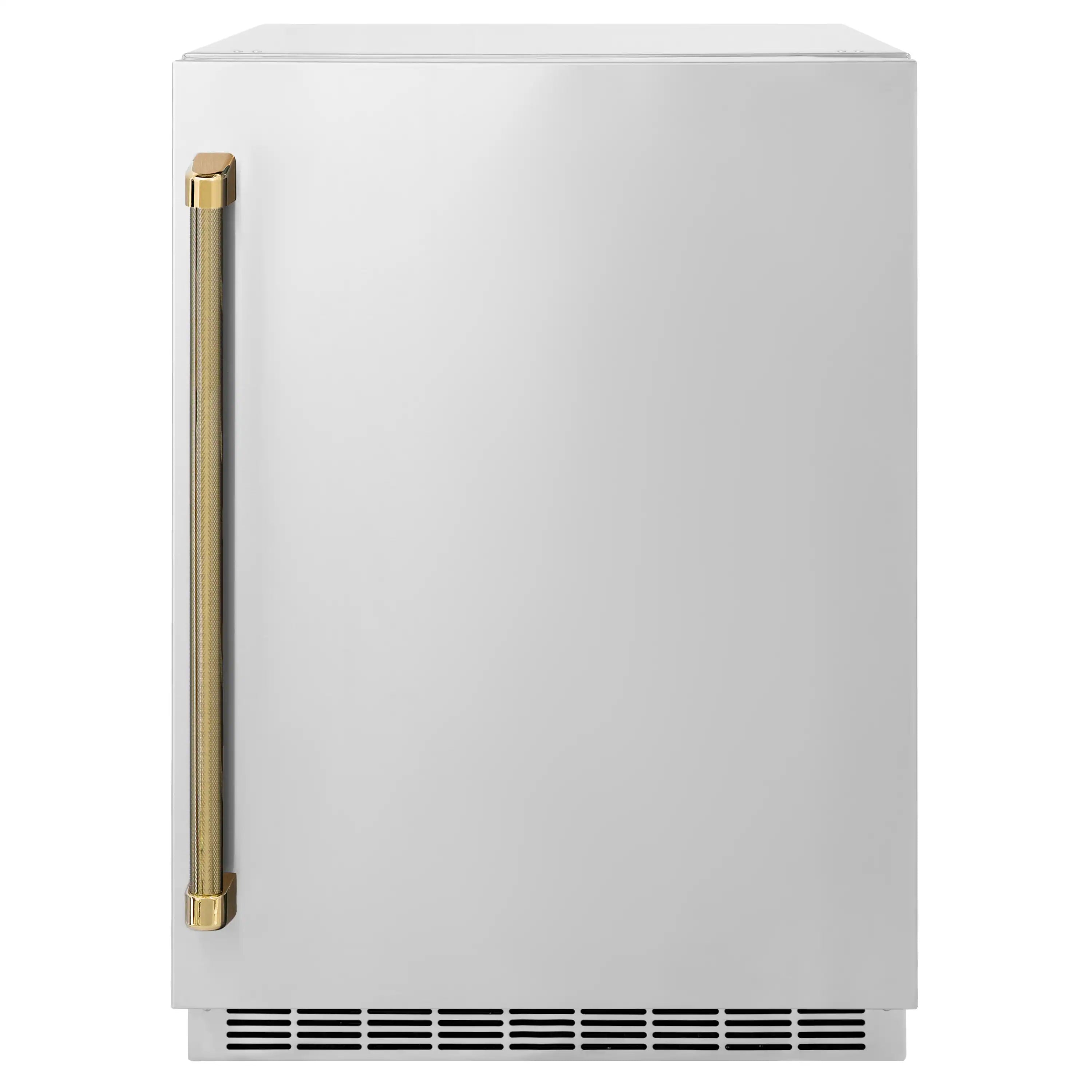 Stainless beverage fridge door with tall gold bar handle and bottom ventilation grilles