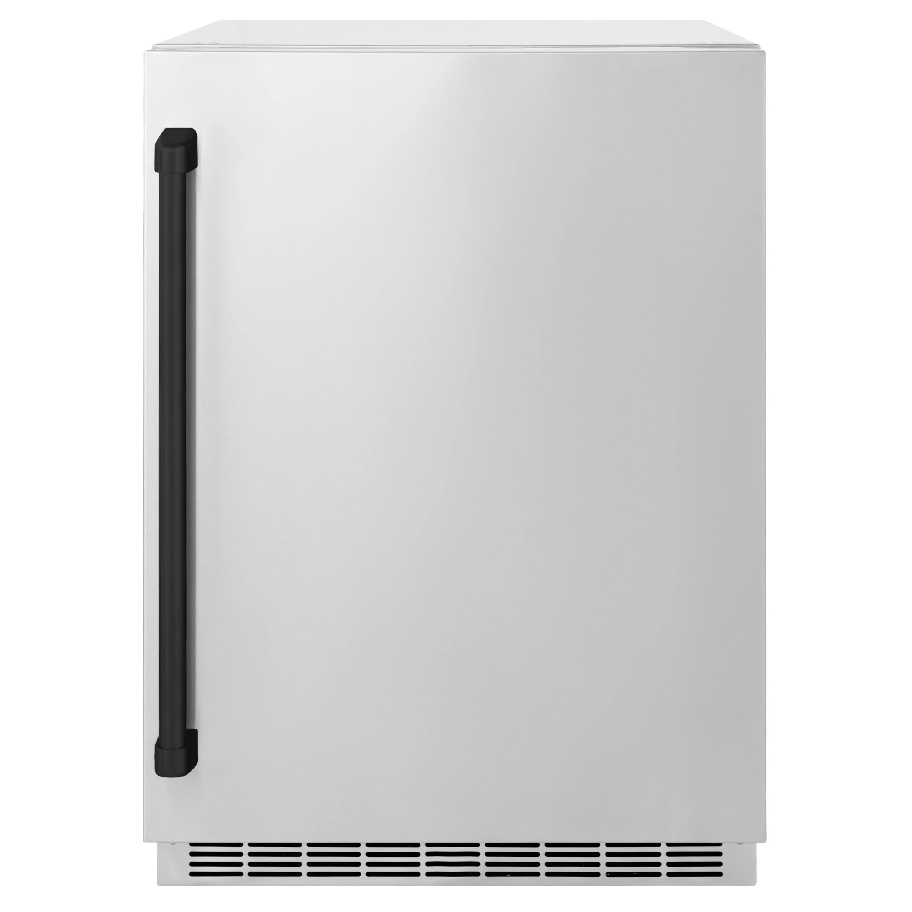 Stainless beverage refrigerator with matte black vertical handle and vented bottom