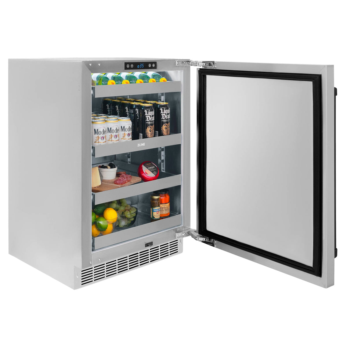 Stainless beverage refrigerator with door open and bottles and cans inside