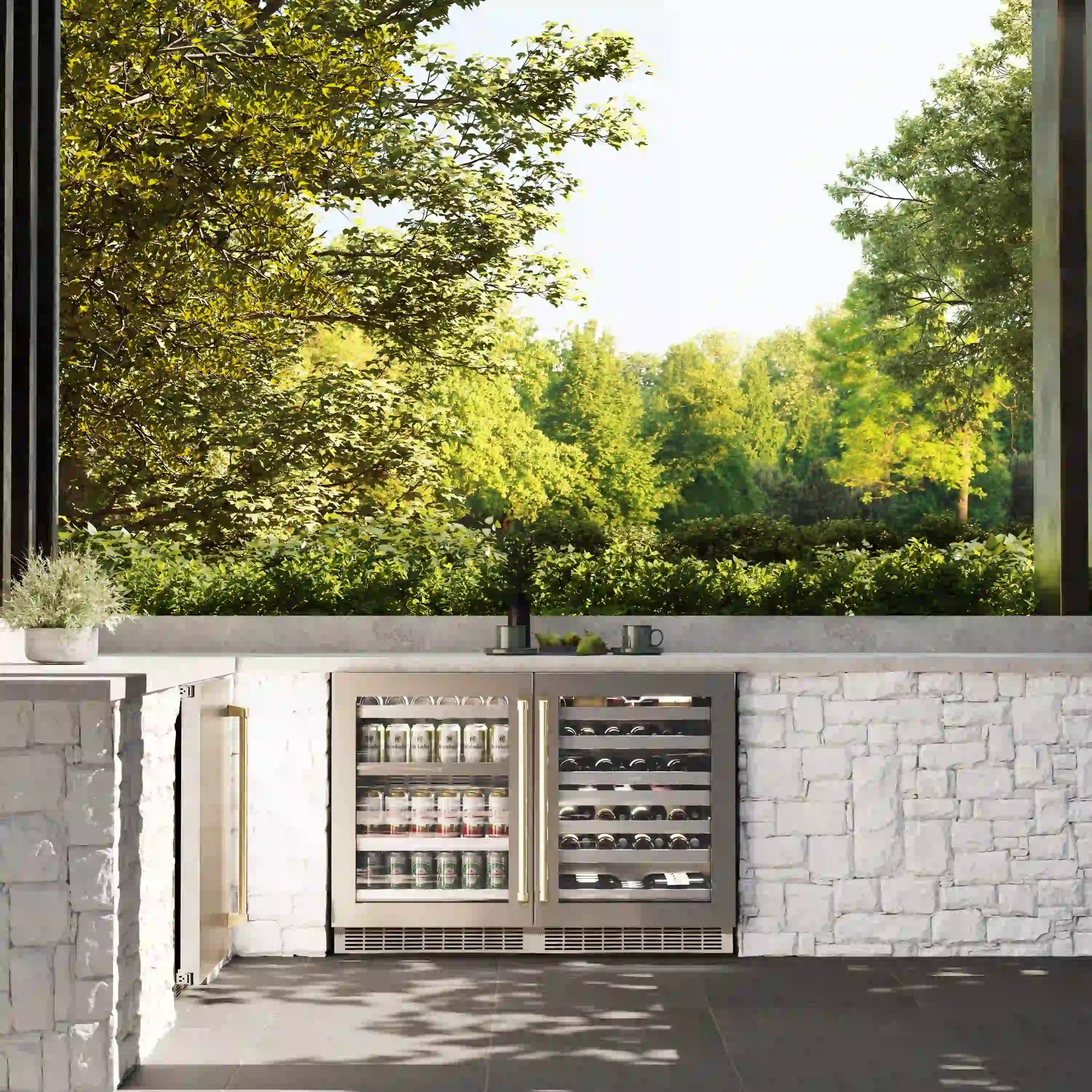 Outdoor-ready built-in wine cooler with stainless frame and dual glass doors
