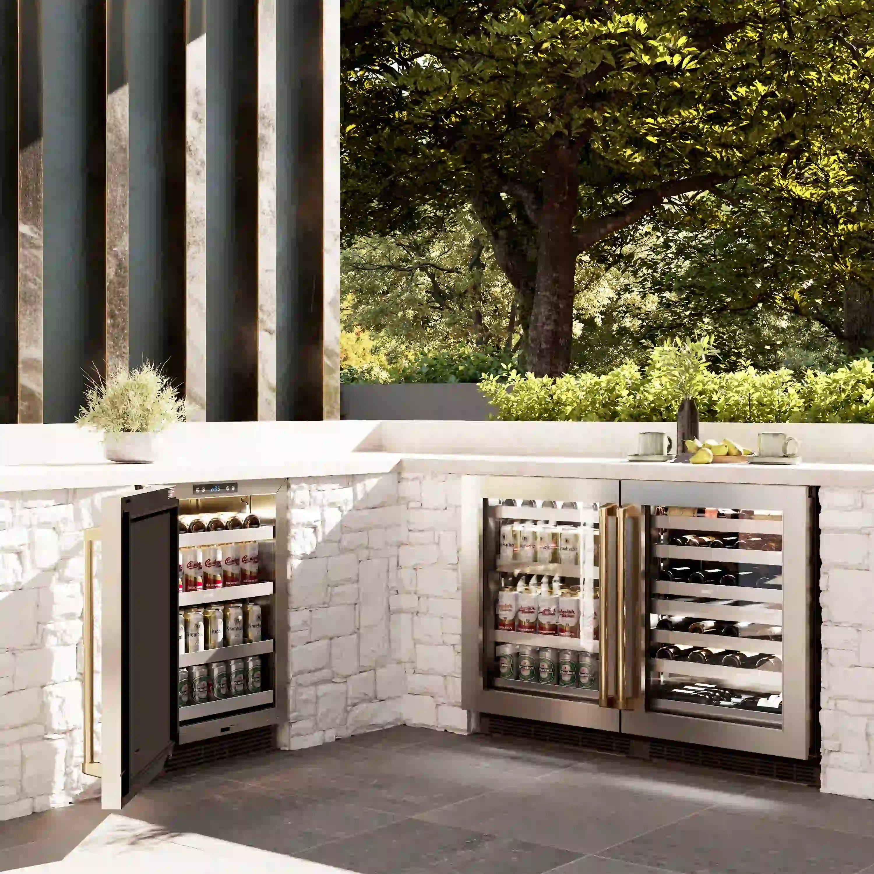 Built-in dual-zone wine cooler with stainless frame, glass door, and gold handle outdoors