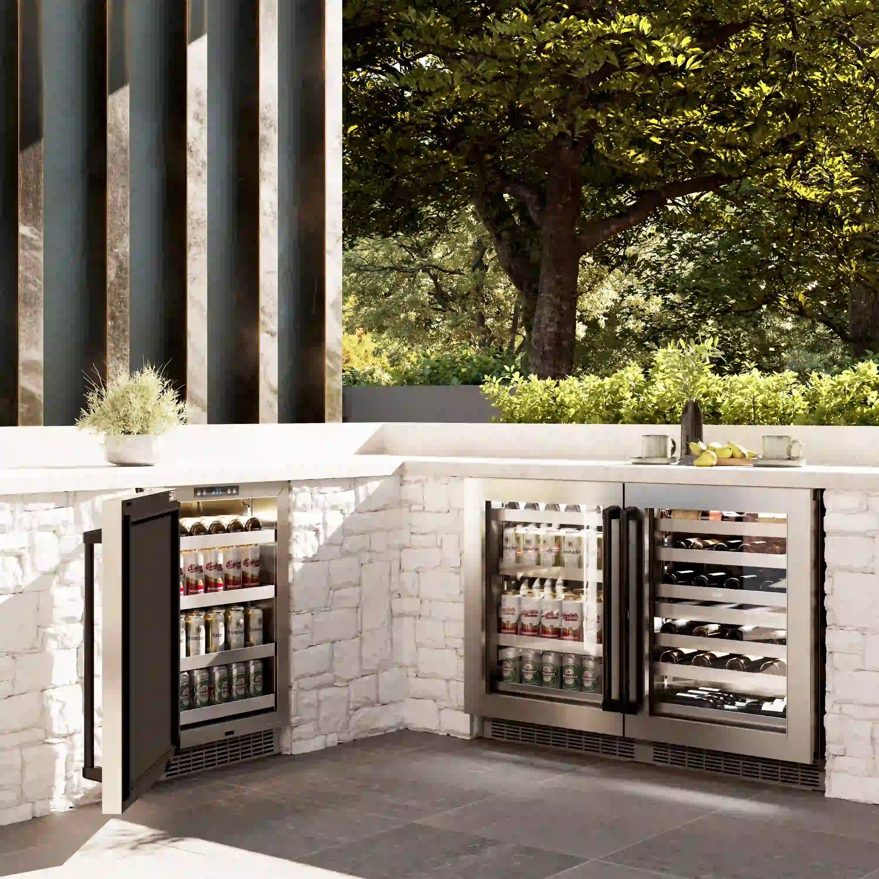 Built-in outdoor wine cooler with double glass doors and bottle storage racks