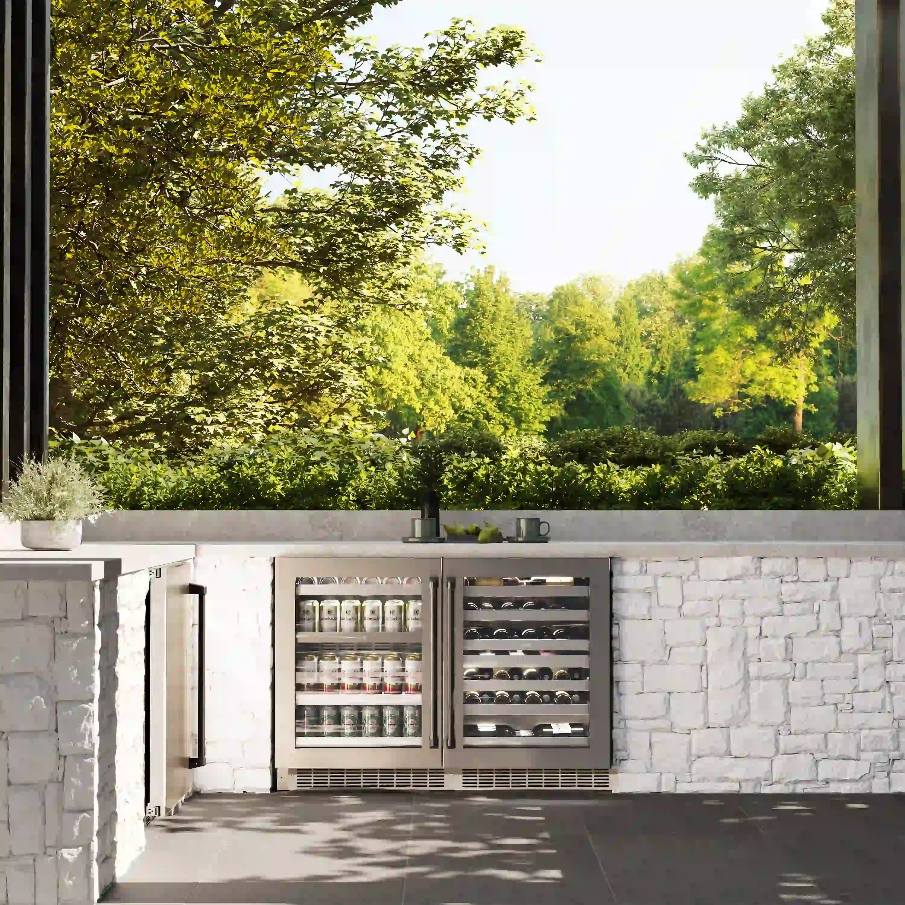 Stainless steel wine cooler with glass door and matte black handle, outdoor-ready design