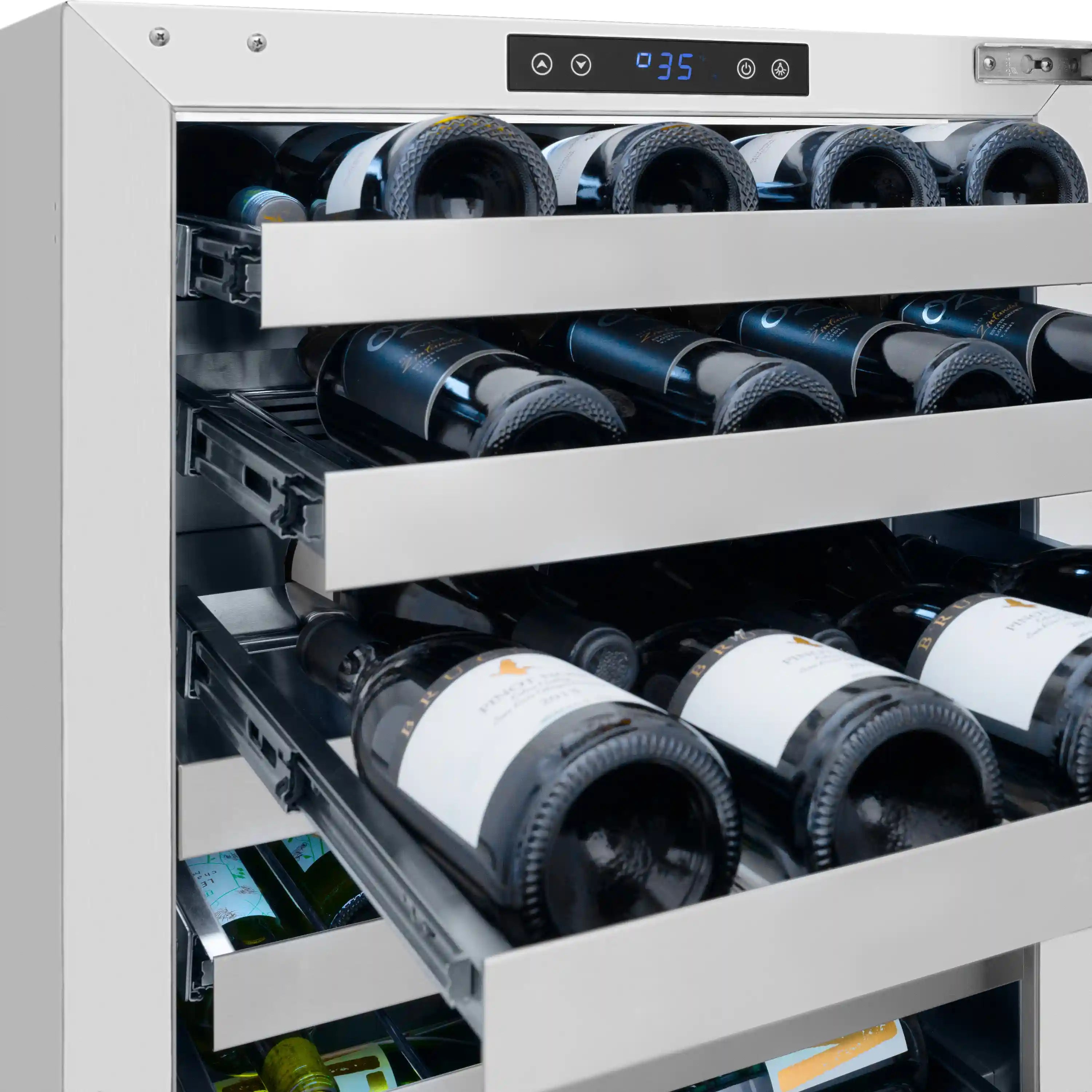 Wine cooler interior with rows of bottles on removable stainless shelves