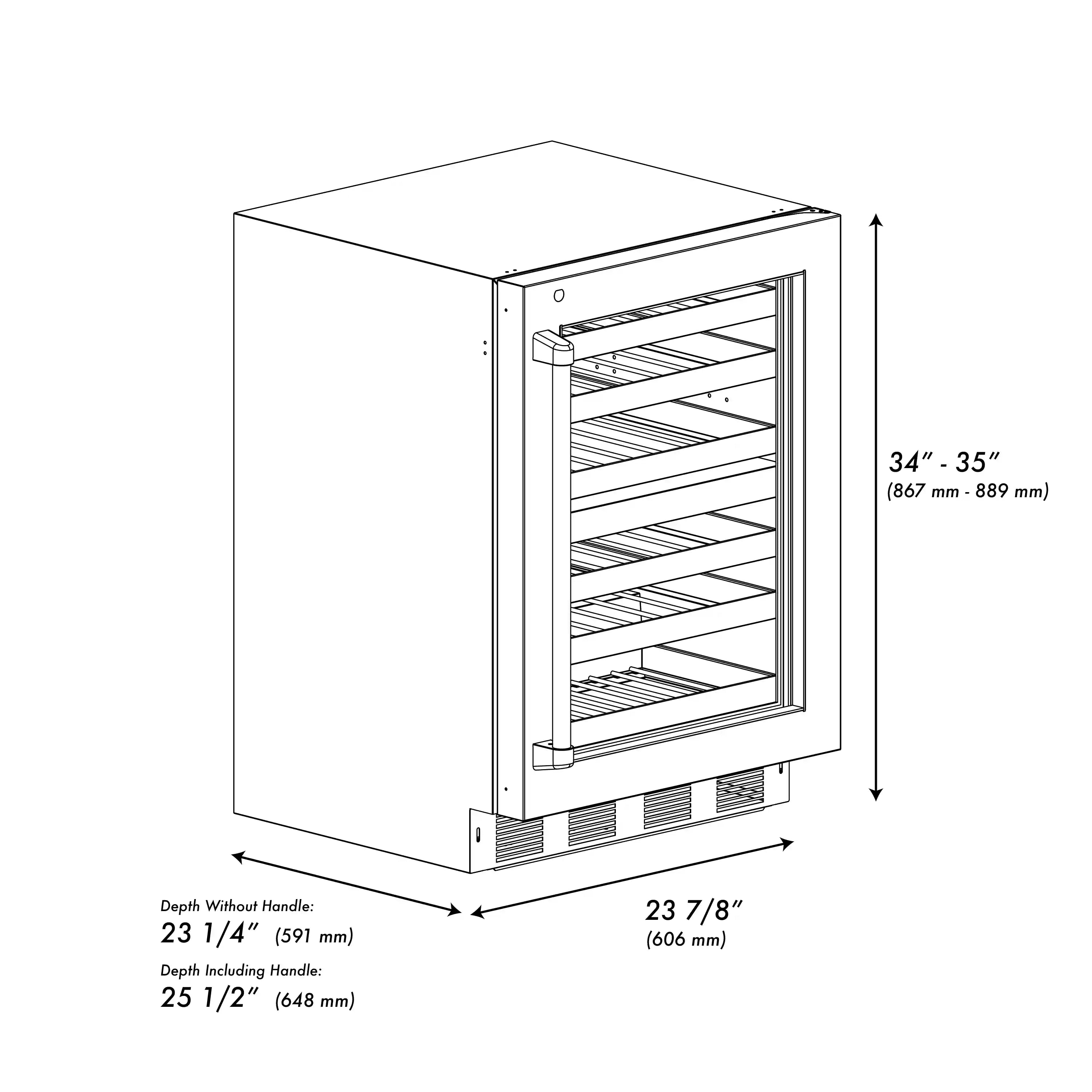 Wine cooler product diagram with glass door and interior shelf layout, showing dimensions