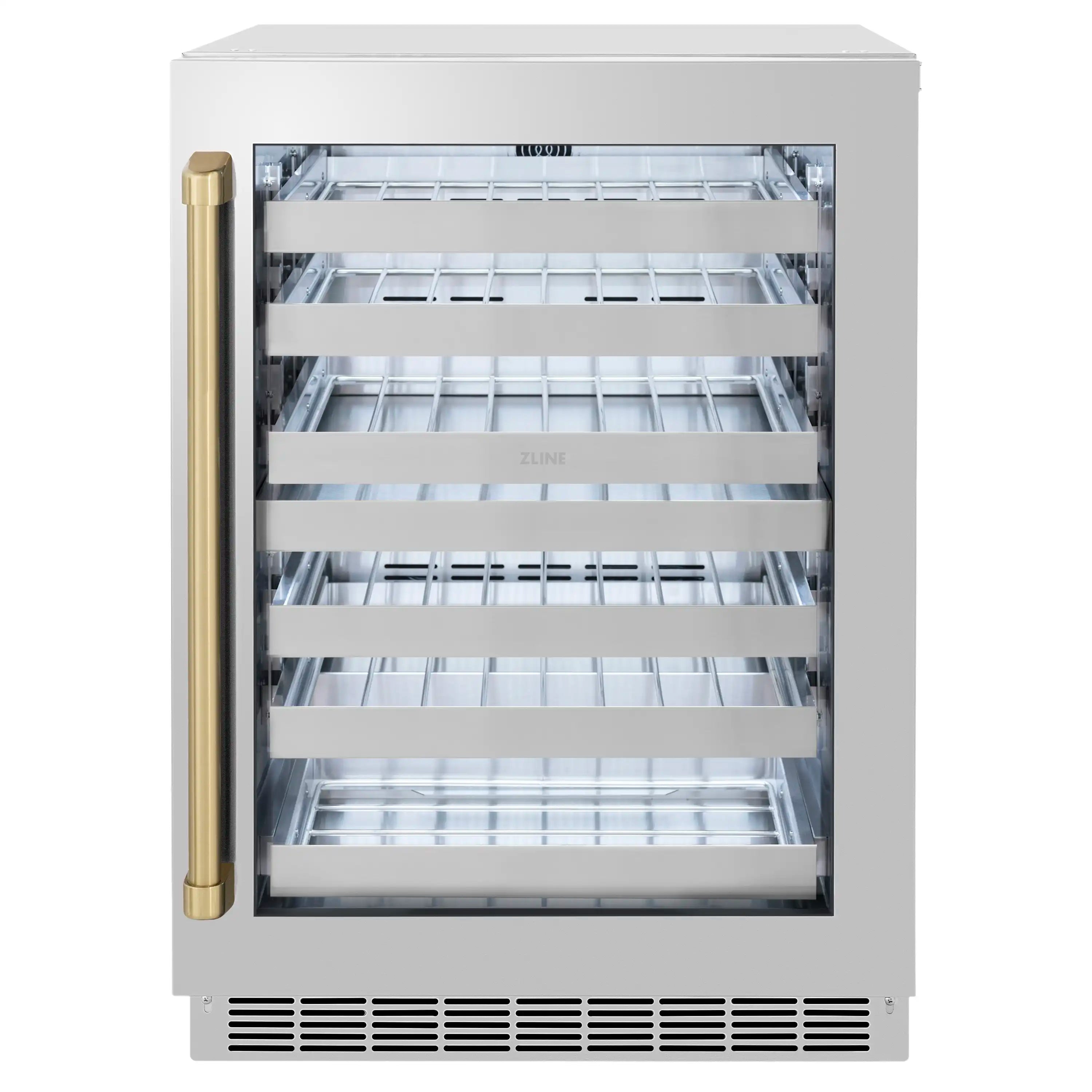 Stainless steel wine cooler with glass door and champagne bronze vertical handles