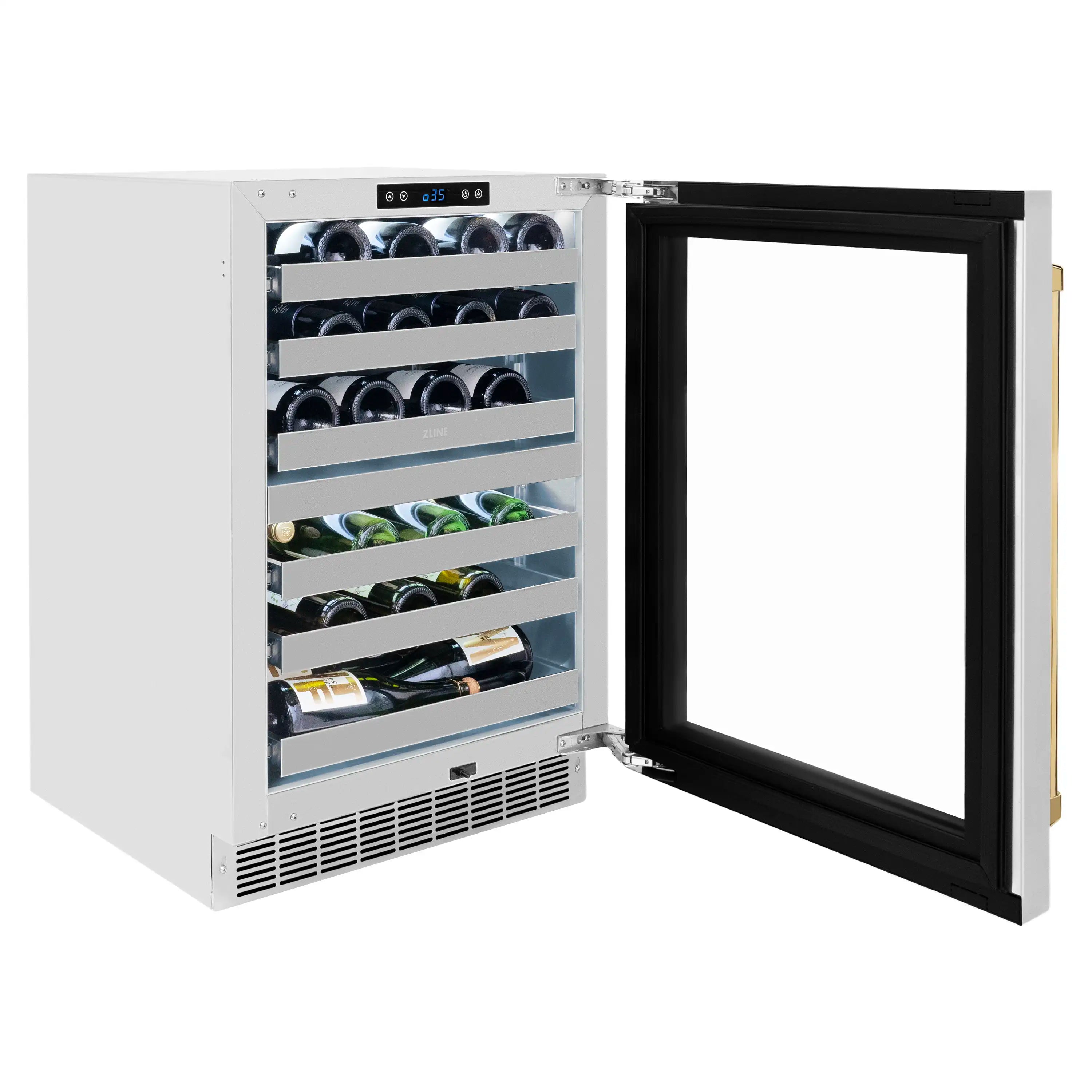 Wine cooler with bottles visible through open glass door, stainless shelves, polished gold handle