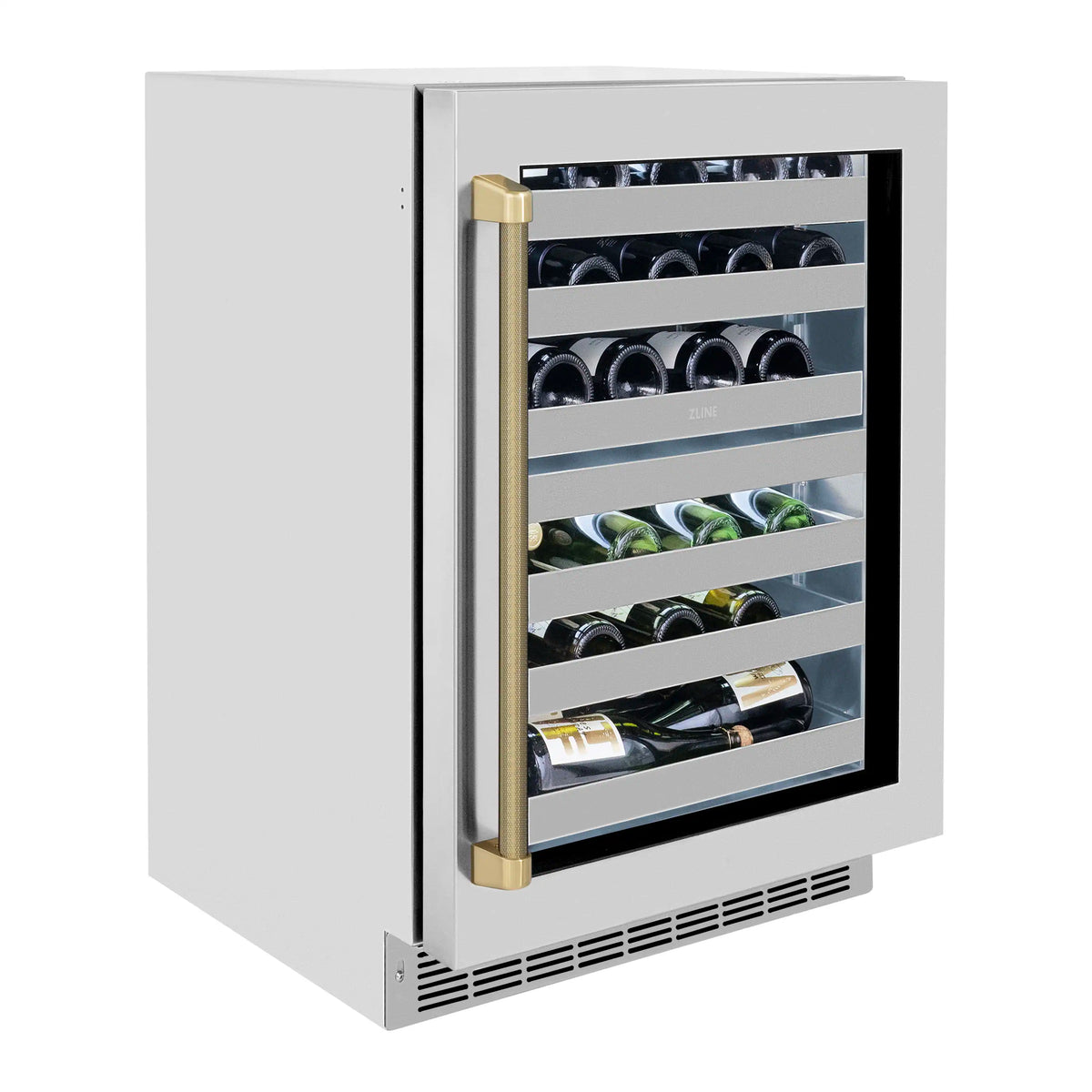 Stainless steel wine cooler with glass door and bronze vertical handle accents