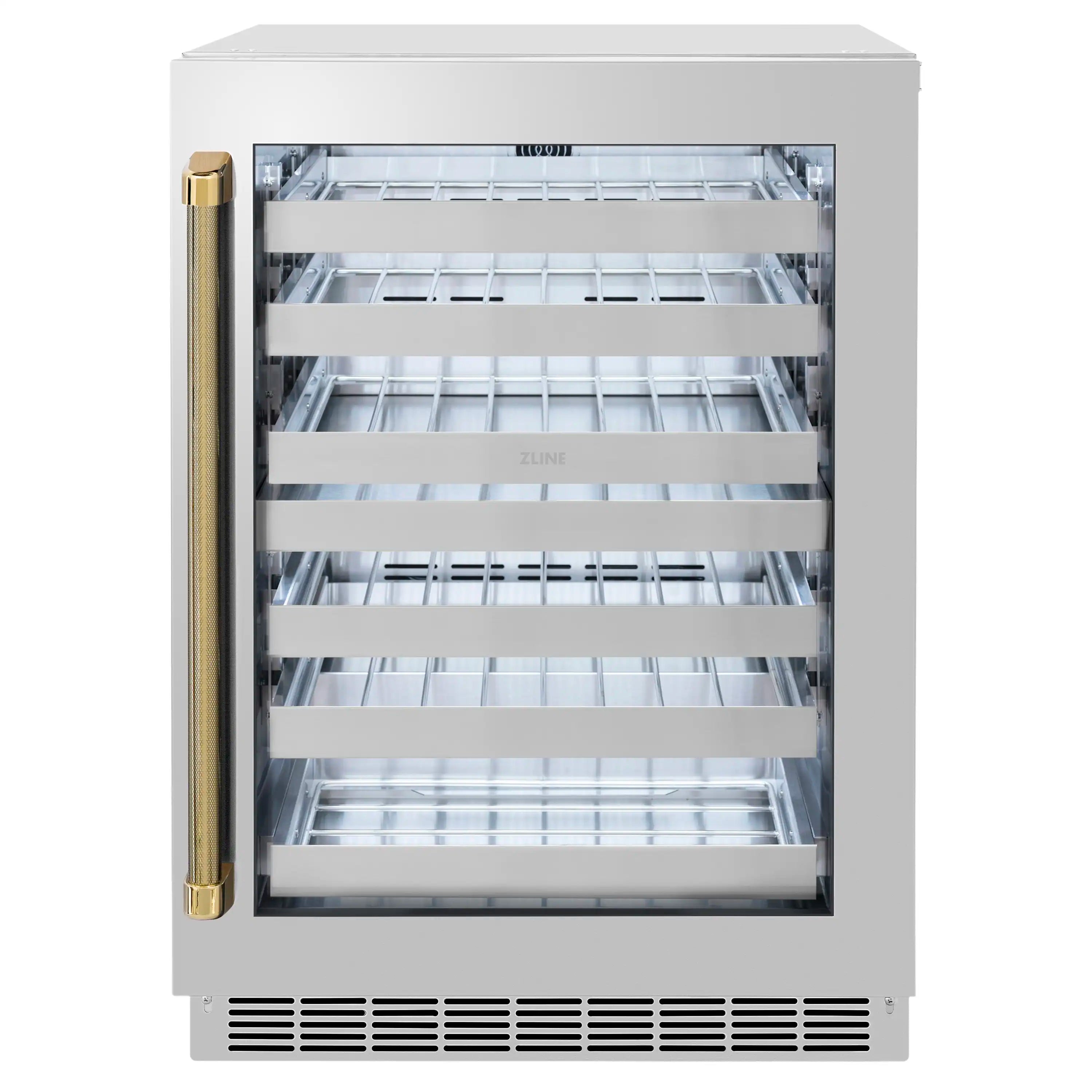 Stainless steel wine cooler with glass door and gold vertical helix handle