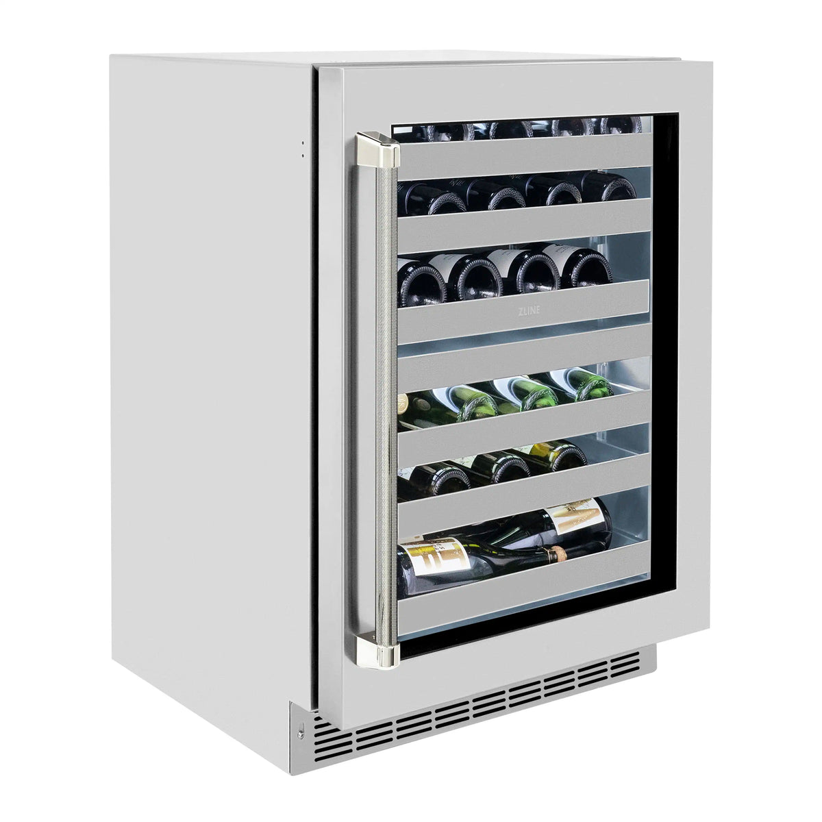 Dual zone wine cooler side view with glass door open and wine bottles on slide-out racks