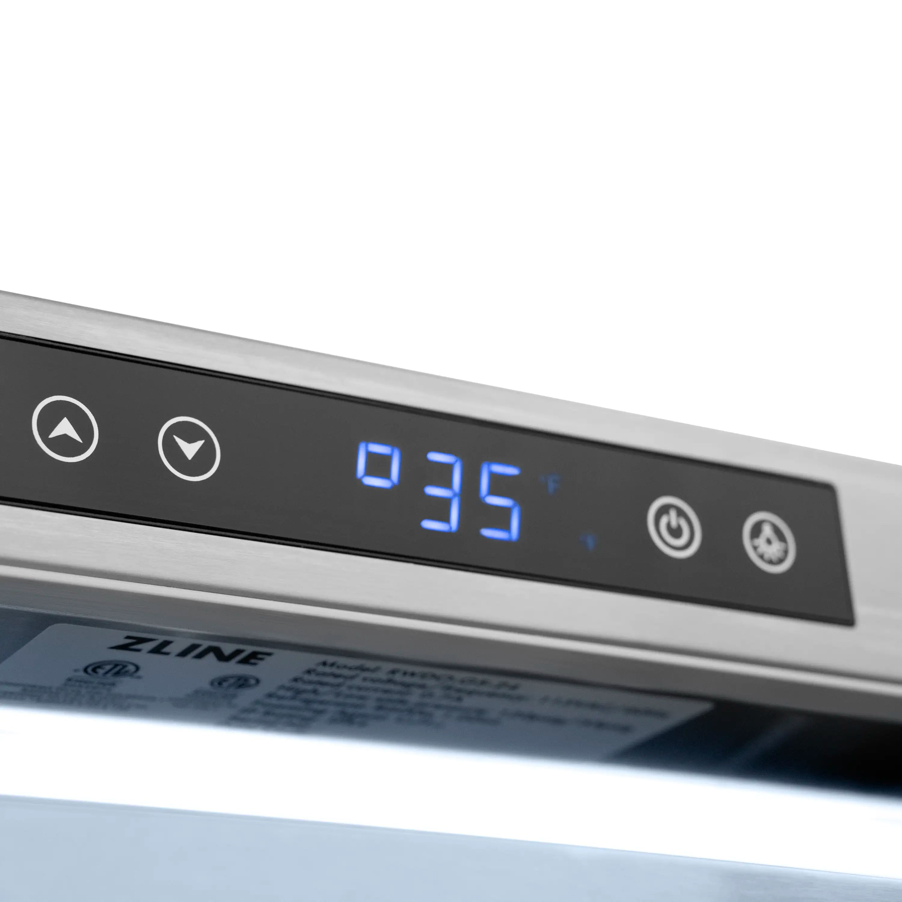 Digital control panel on wine cooler with blue temperature display and button icons