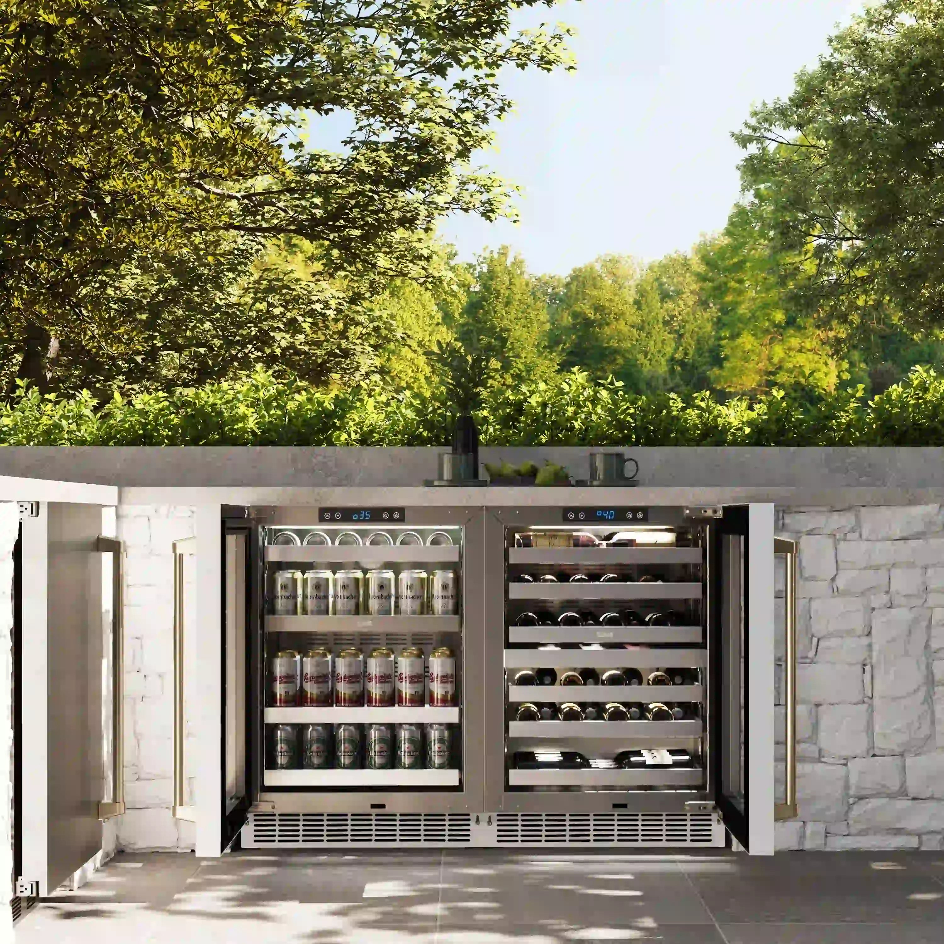 Built-in white wine cooler with dual-zone compartments, glass doors open for bottles
