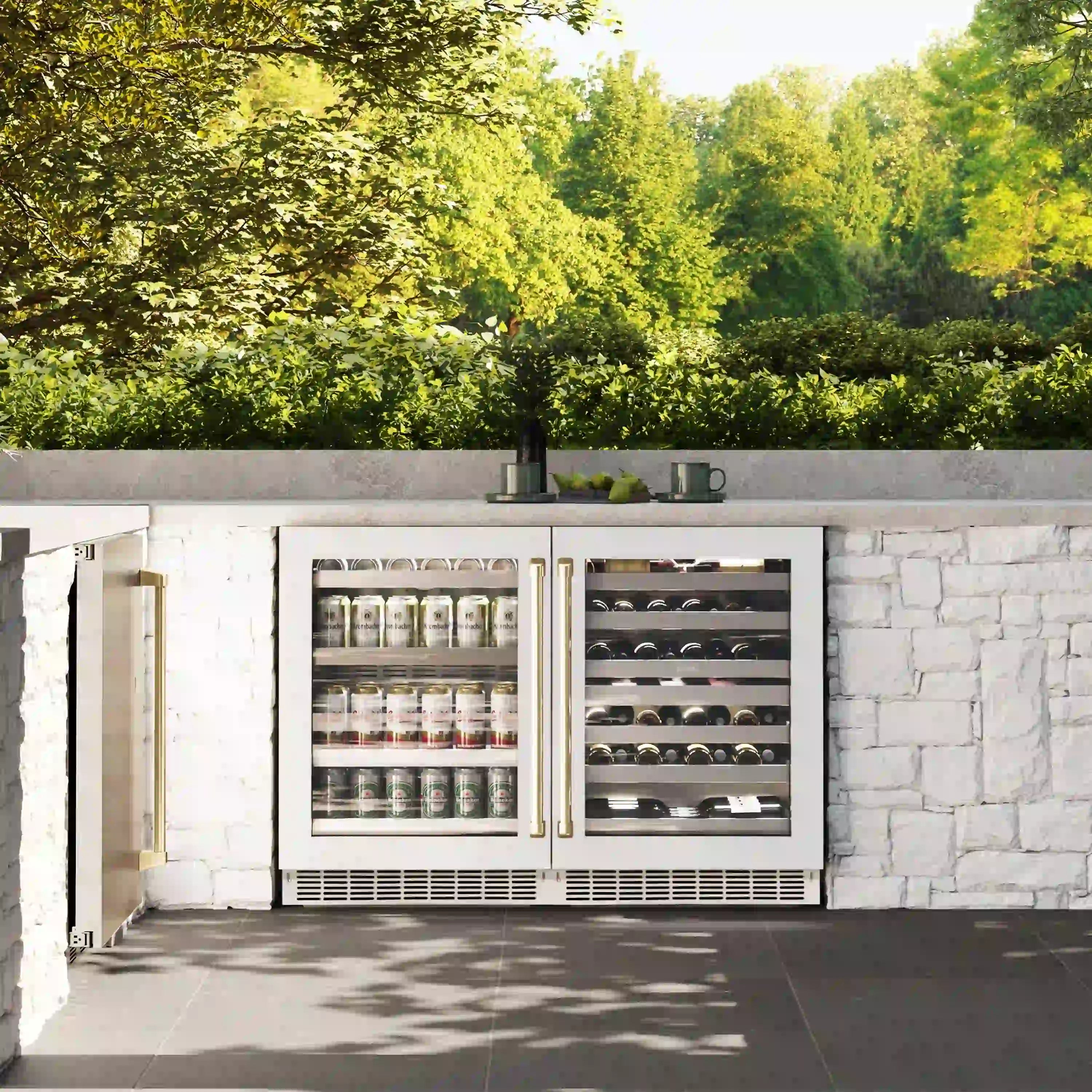 Built-in white dual-zone wine cooler with both glass doors open, bottle racks visible