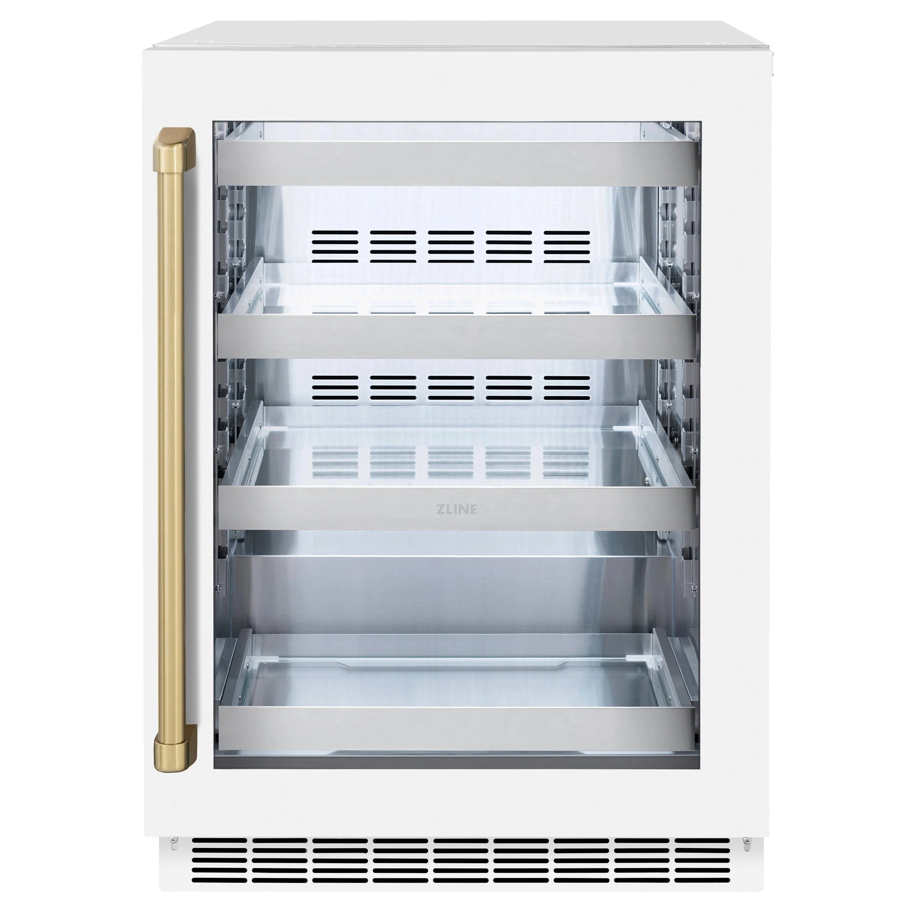 24-inch beverage fridge interior with frosted shelves and open white door