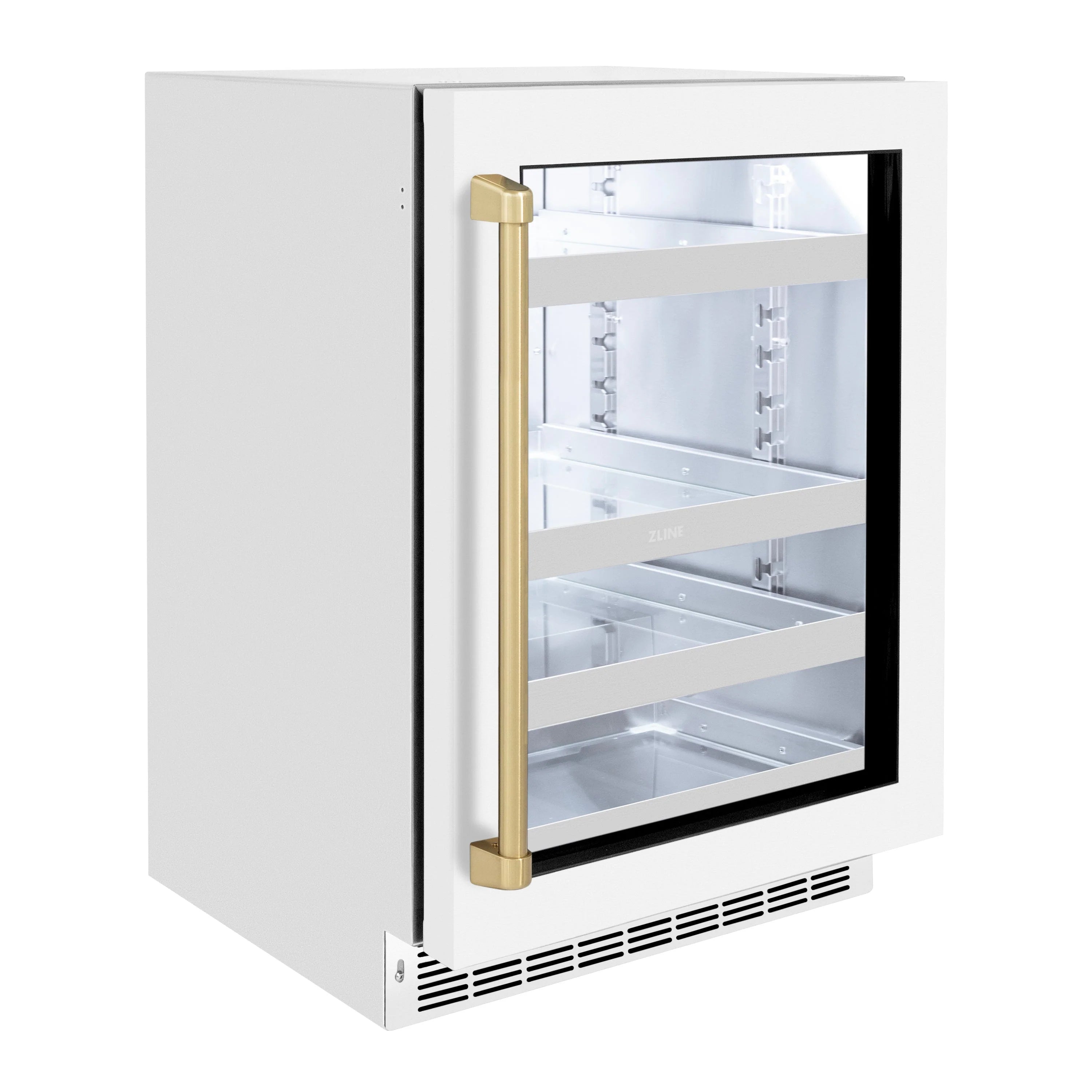 Wine cooler with white matte glass door and champagne bronze handle, interior racks