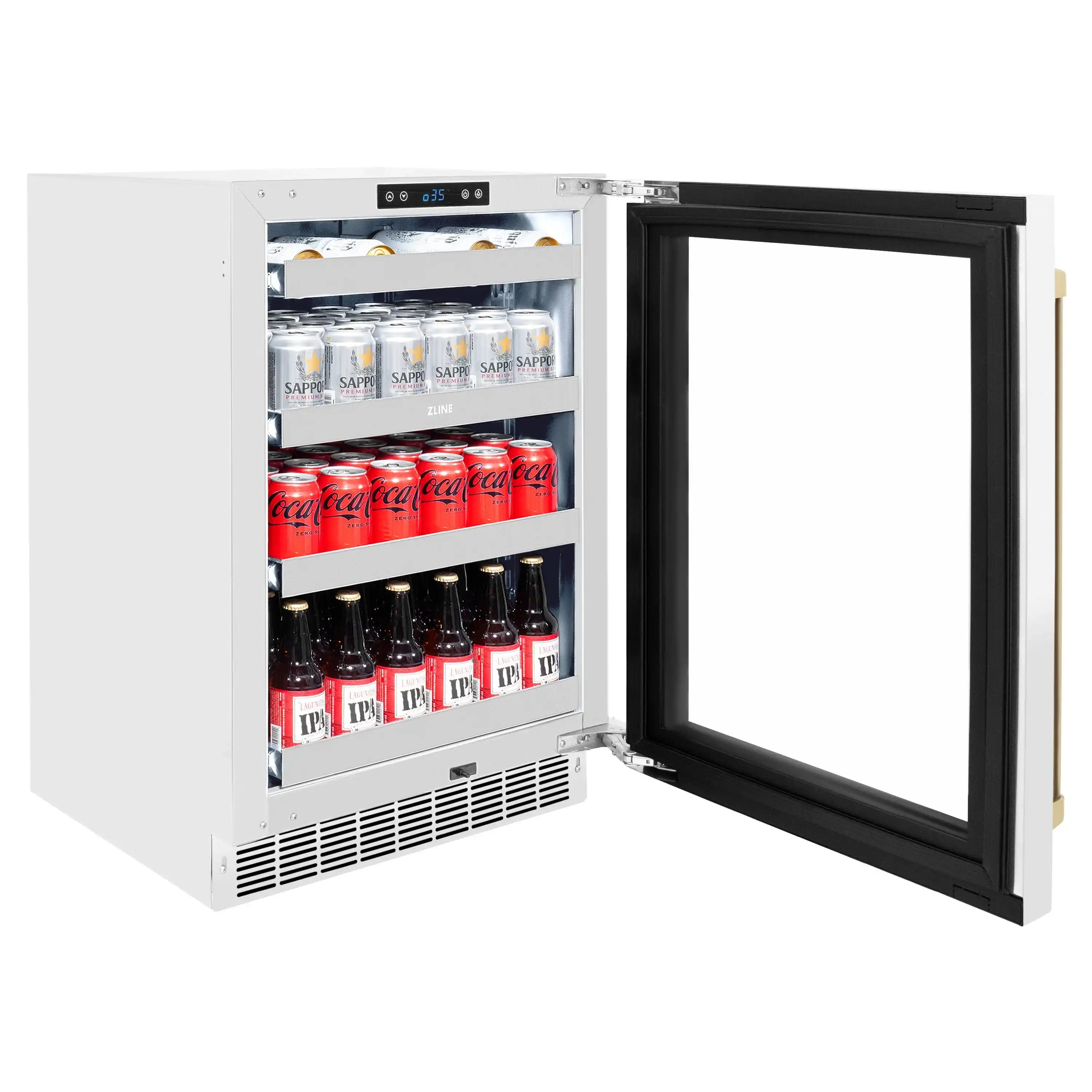 White wine cooler with black-framed glass door open, holding bottled beverages