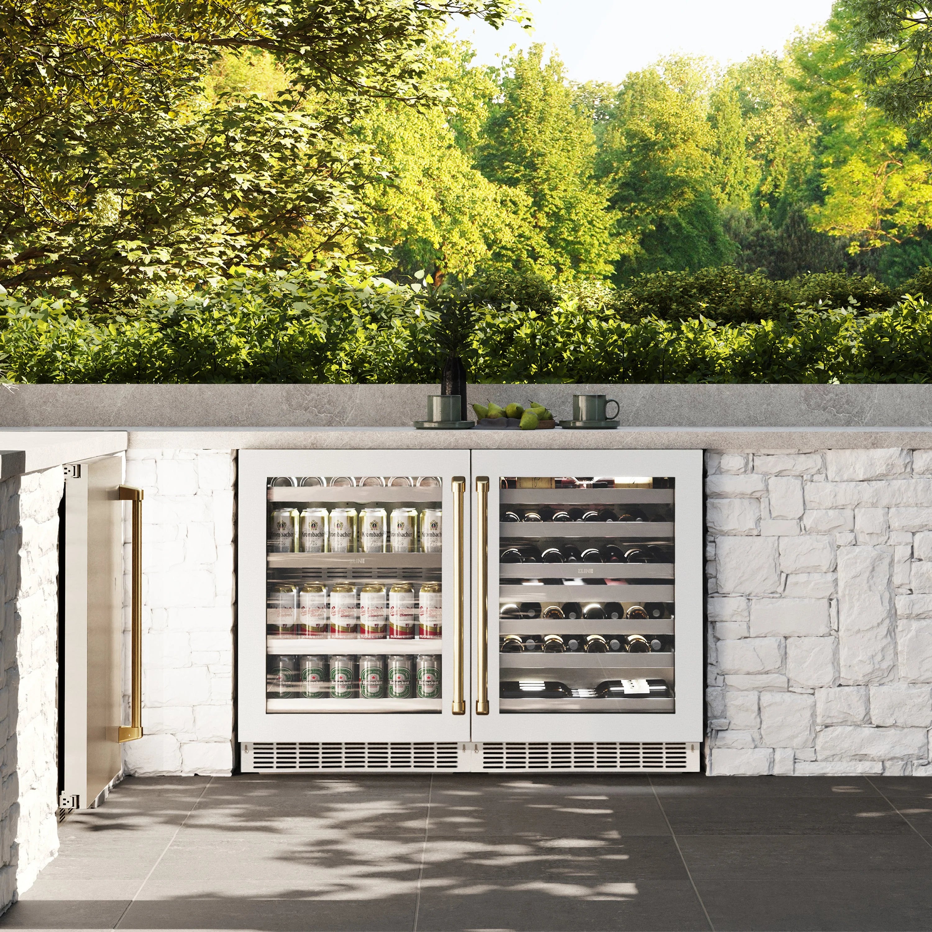 24-inch beverage fridge with both doors closed, white glass front and gold handles