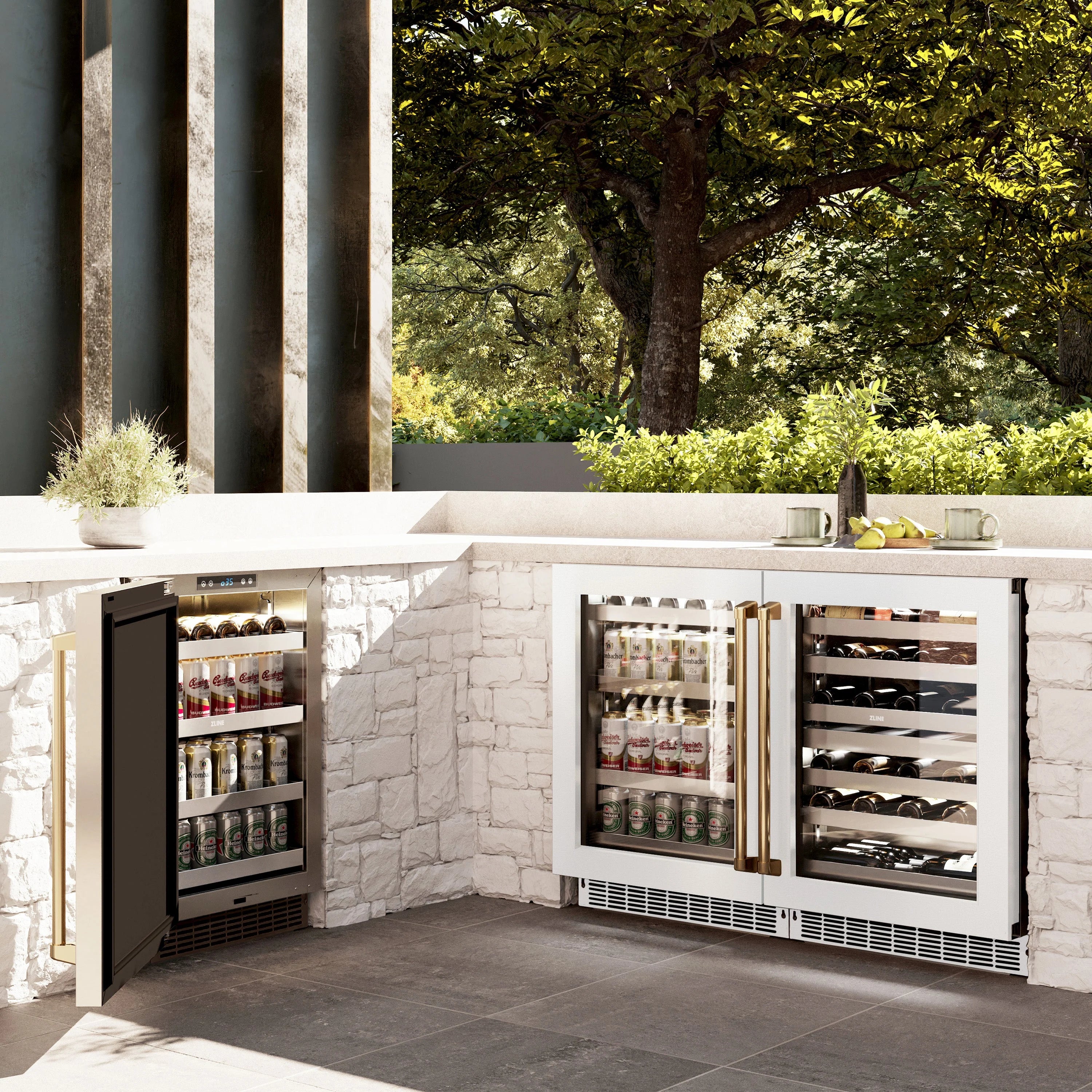 24-inch beverage fridge with open white glass doors, gold handles, and can shelves
