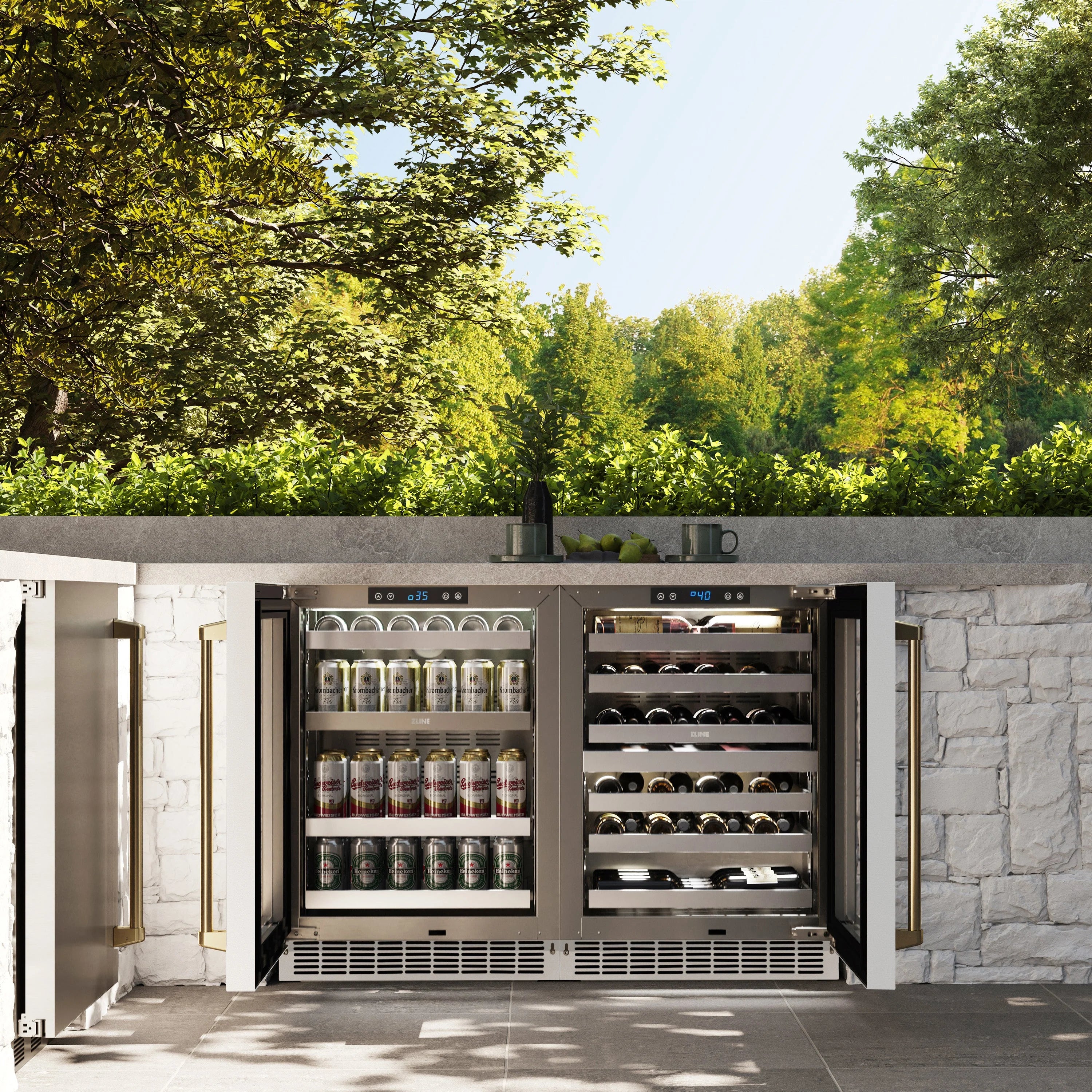 Built-in beverage refrigerator with open glass doors, bottle and can storage racks