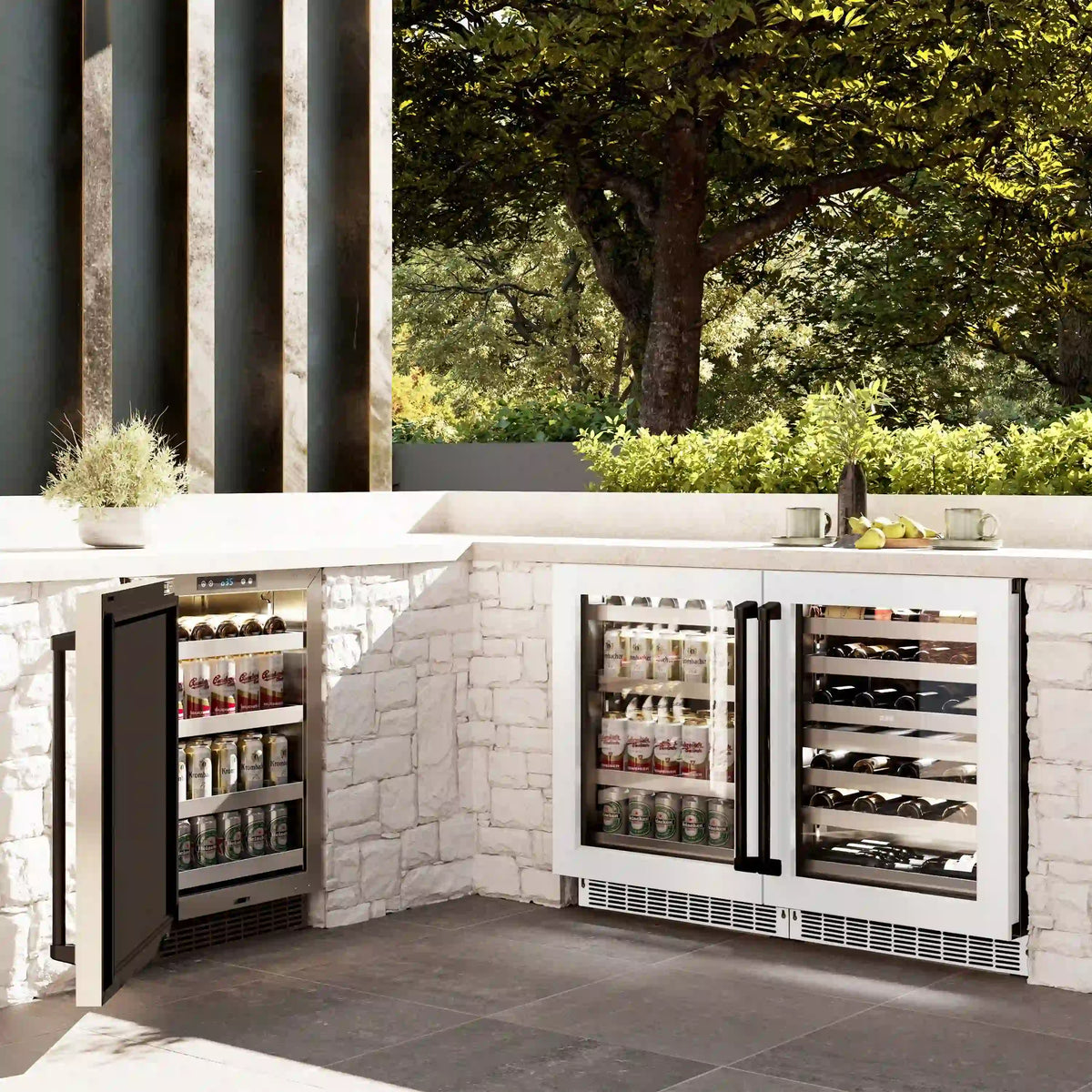 Outdoor built-in dual-zone wine cooler with glass doors and bottle racks