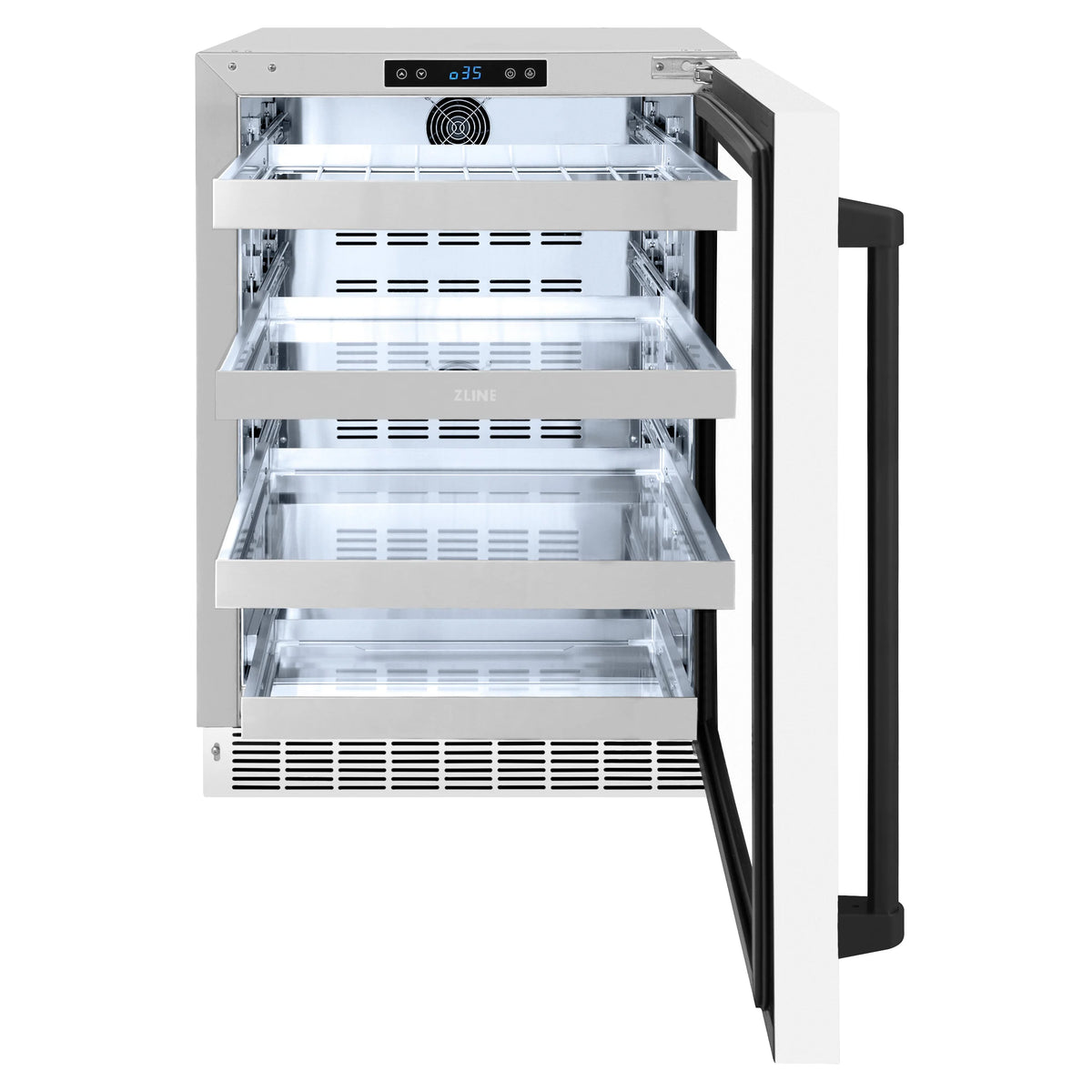White beverage fridge with black side handle and lit shelves, door open.