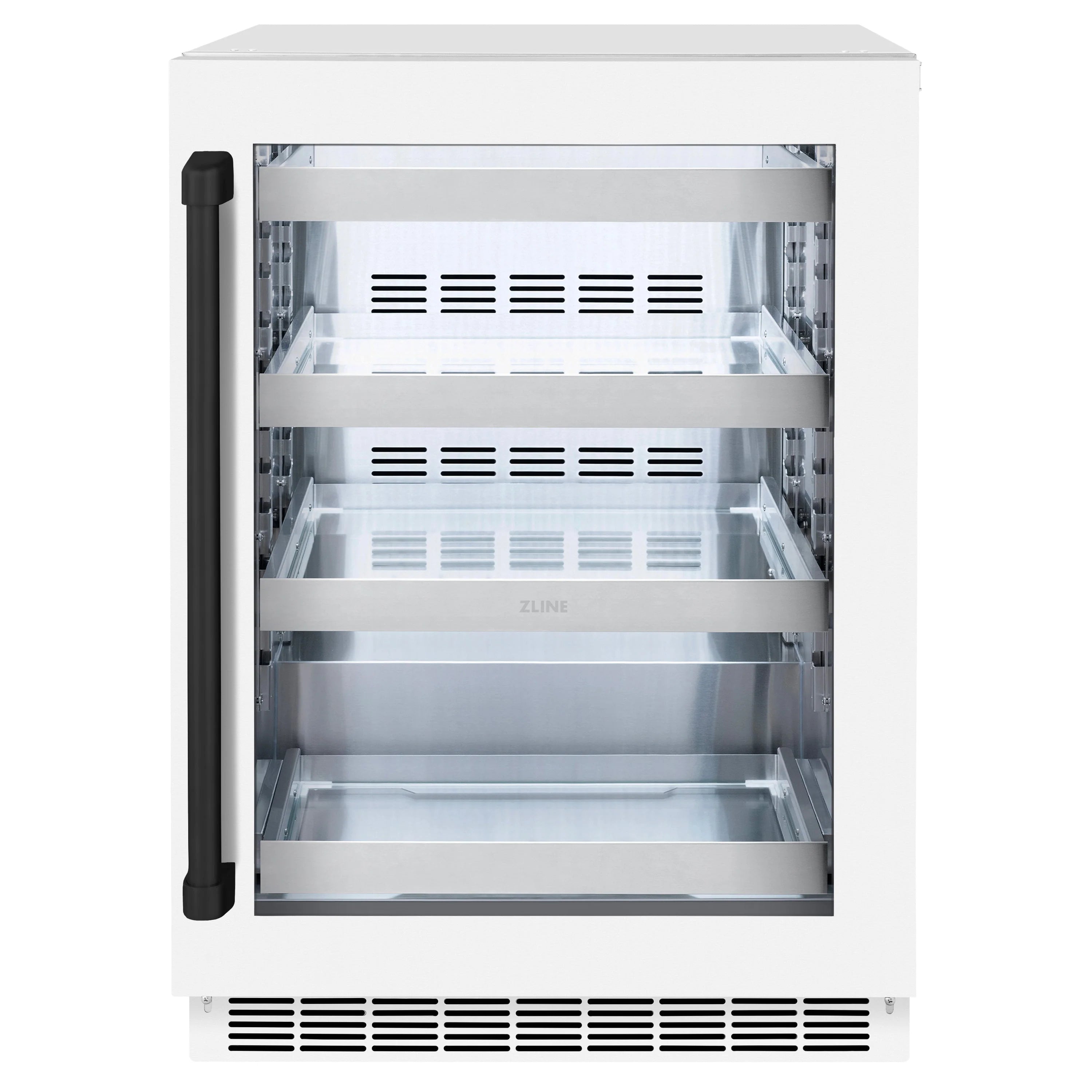 White beverage fridge with clear interior and wire shelves, black handle on left.