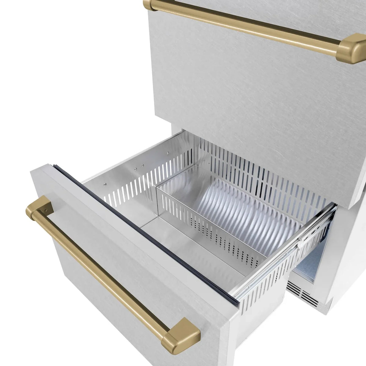 Open refrigerator drawer interior with stainless bin and champagne bronze bar handle