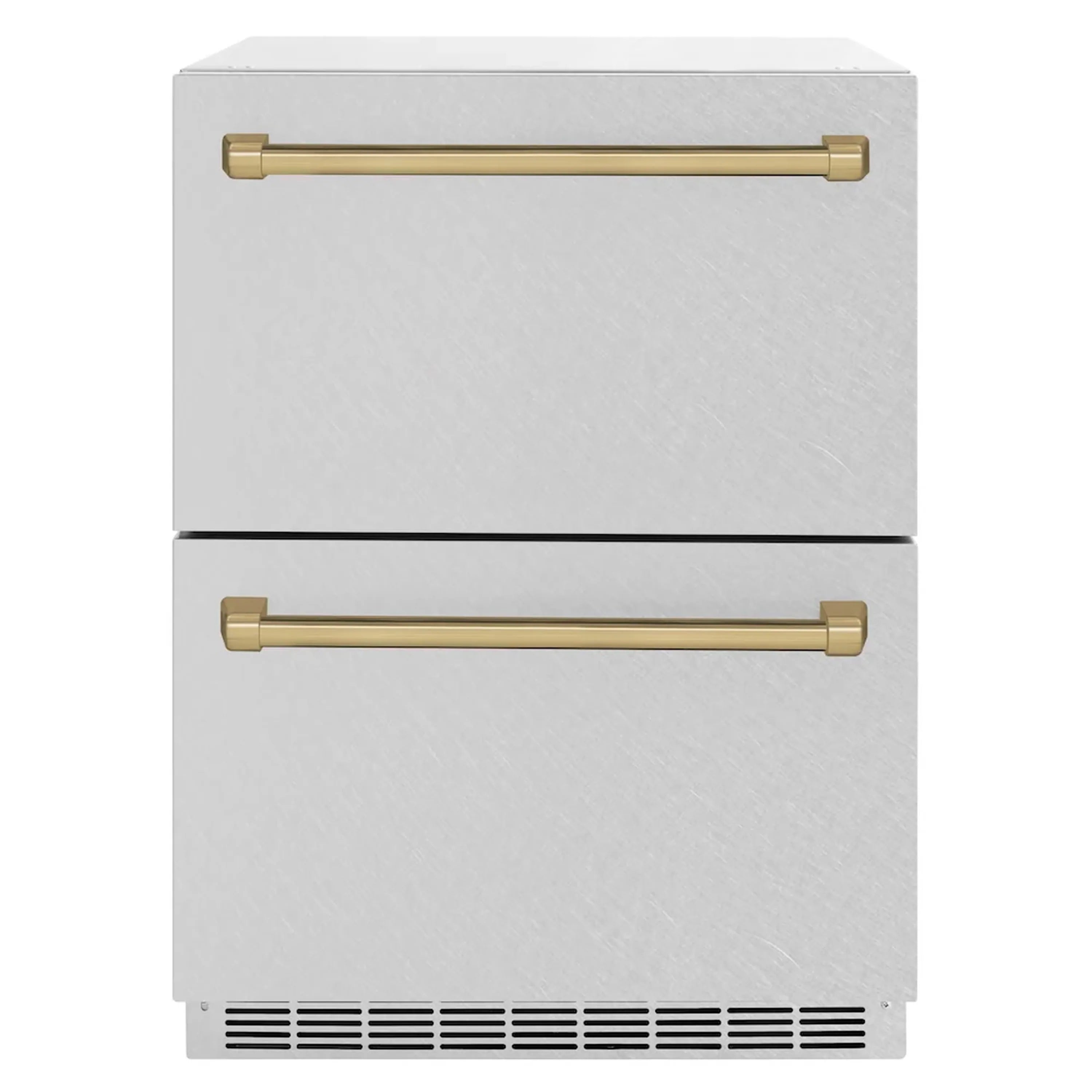 24-inch refrigerator drawer with two front panels and champagne bronze bar handles