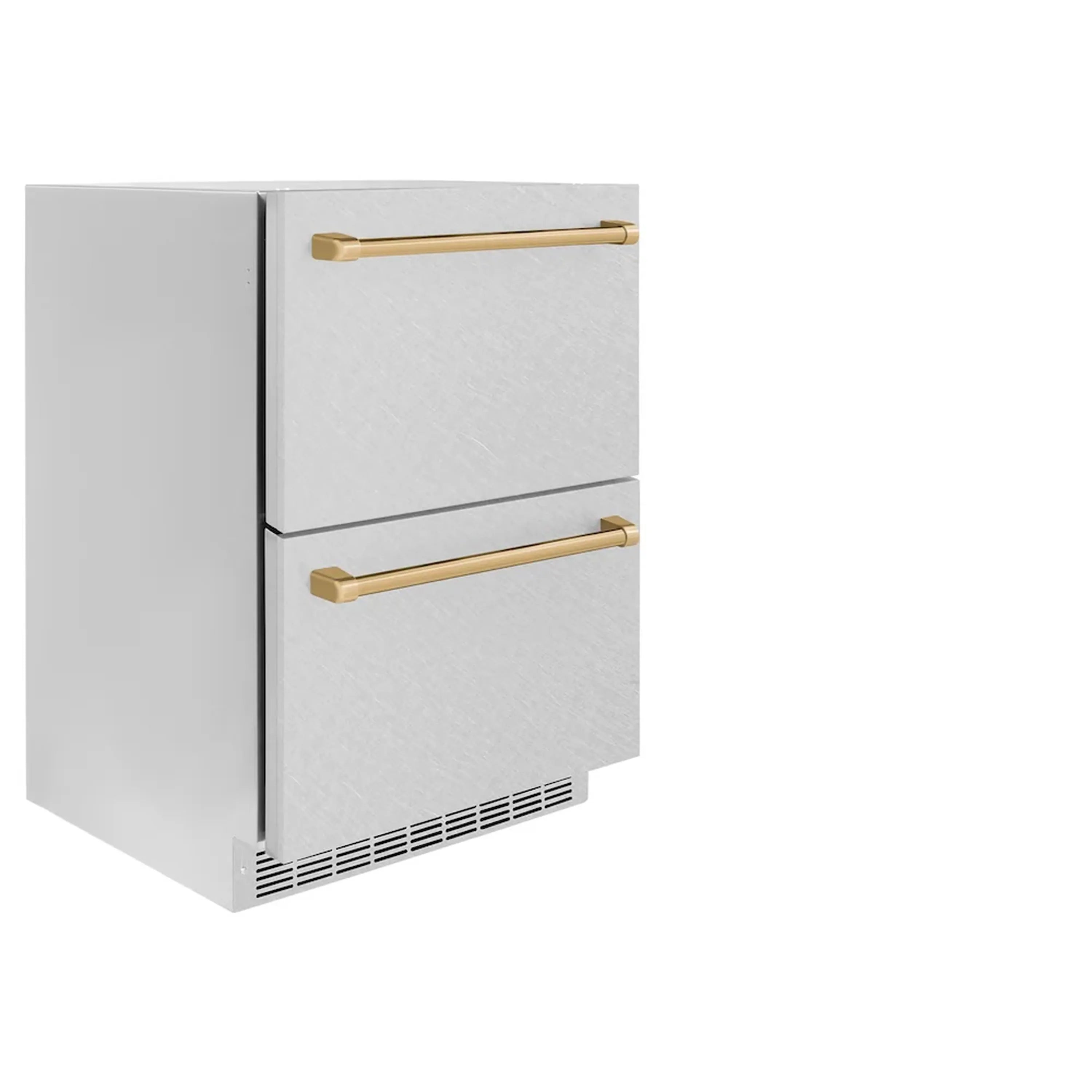 Side view of 24-inch refrigerator drawer with champagne bronze bar handles and vents