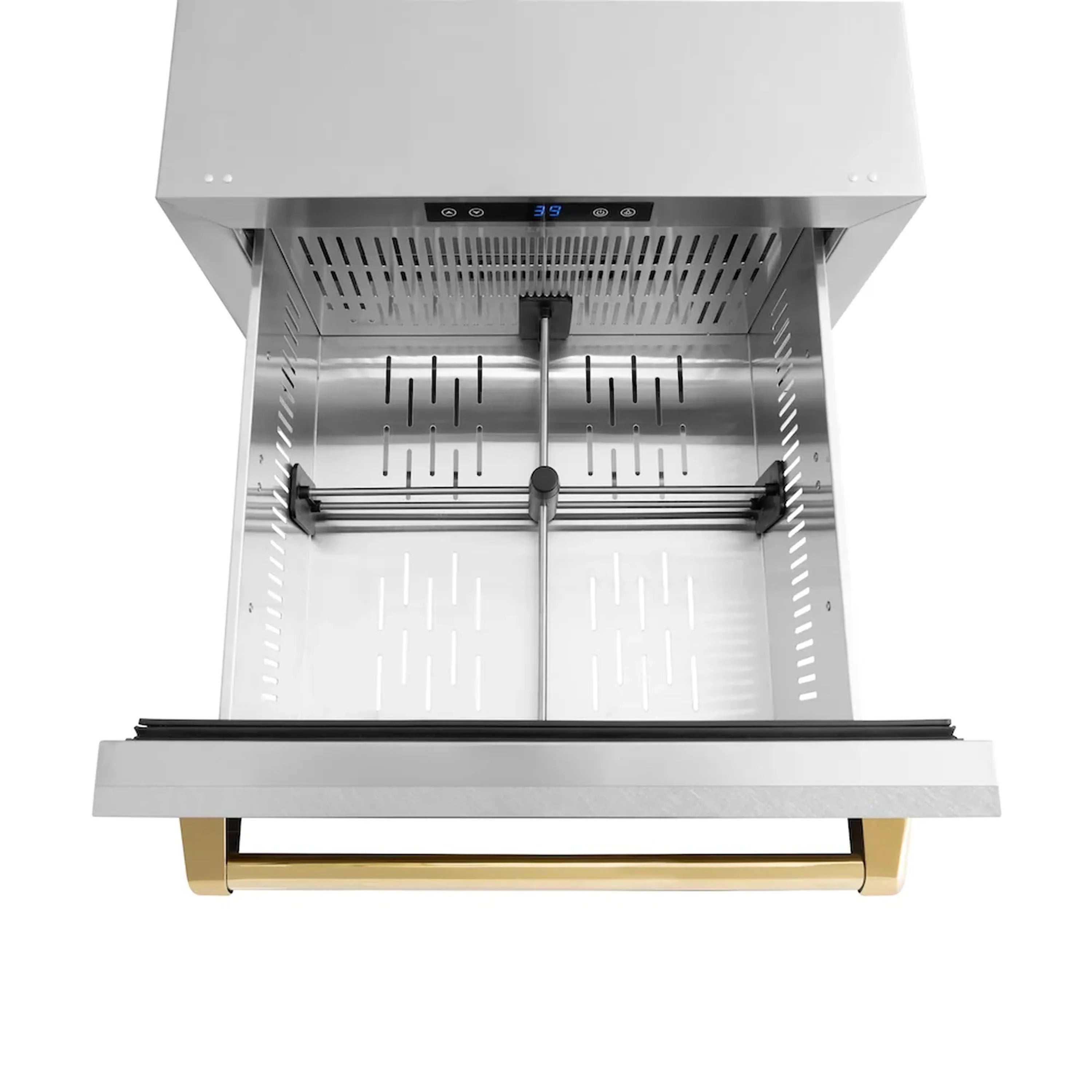 Open stainless refrigerator drawer with gold handle and interior racks