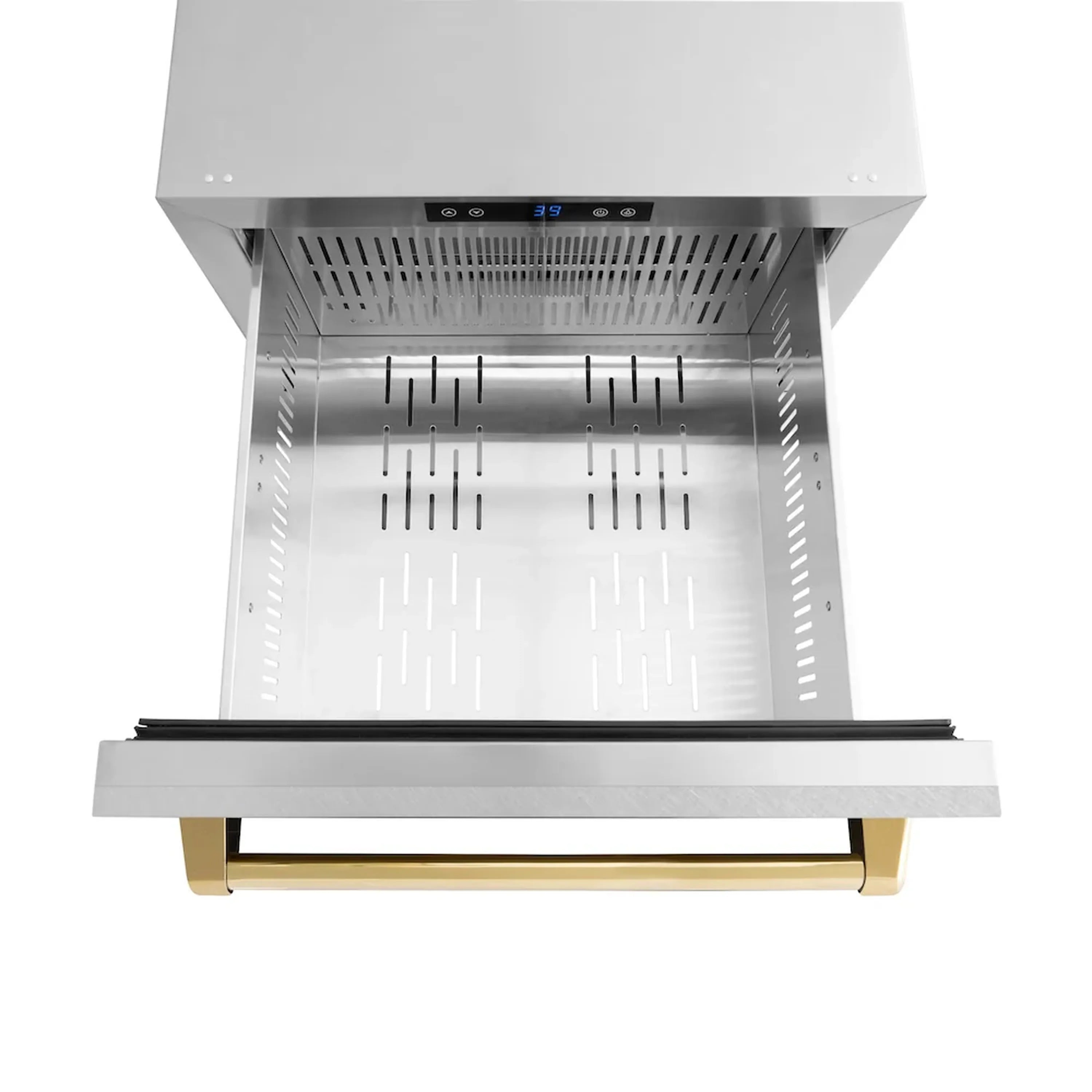 Stainless steel refrigerator drawer with open interior and gold handle trim