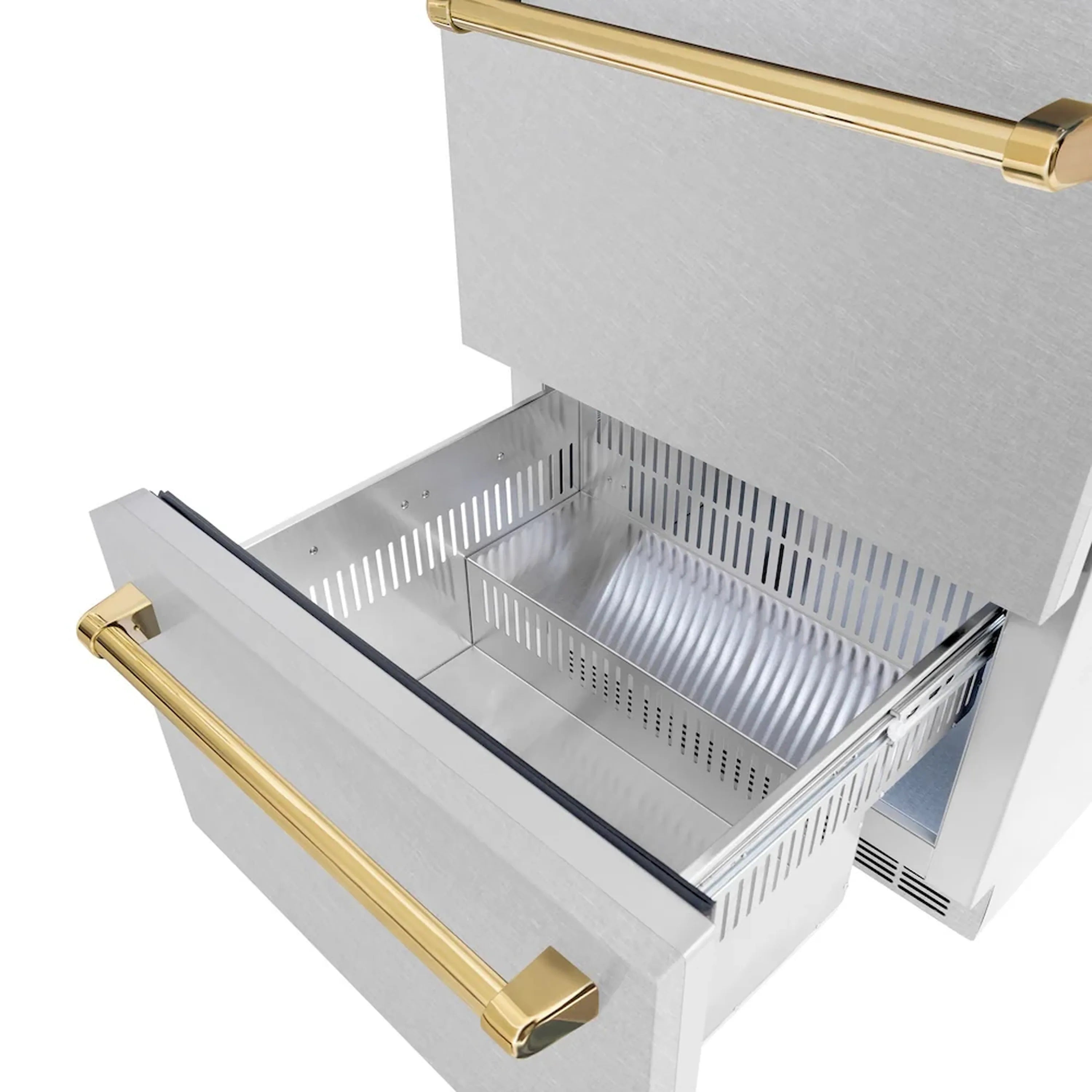 Open refrigerator drawer with pullout tray and gold bar handles