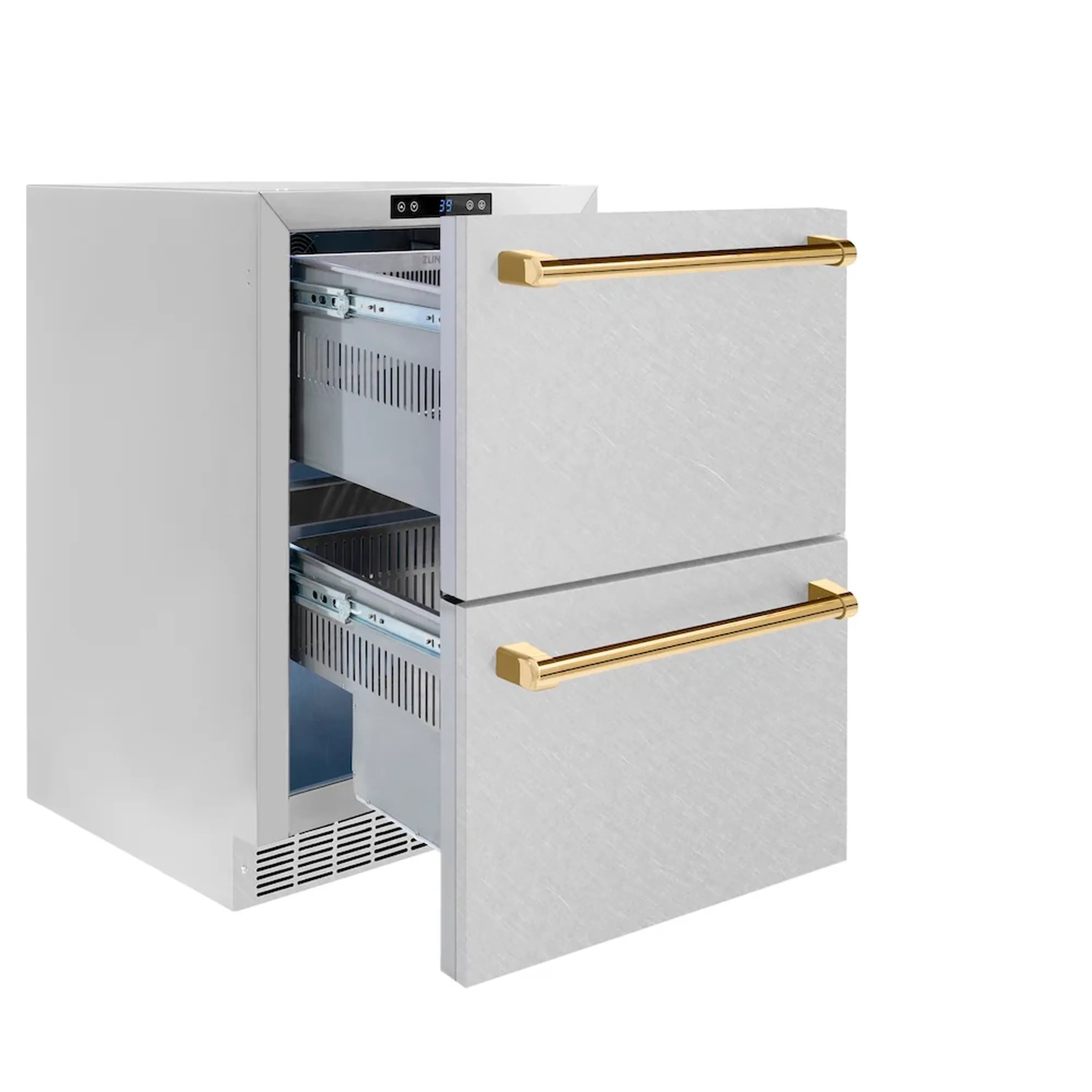 Refrigerator drawer with side-open door revealing blue-lined interior shelves