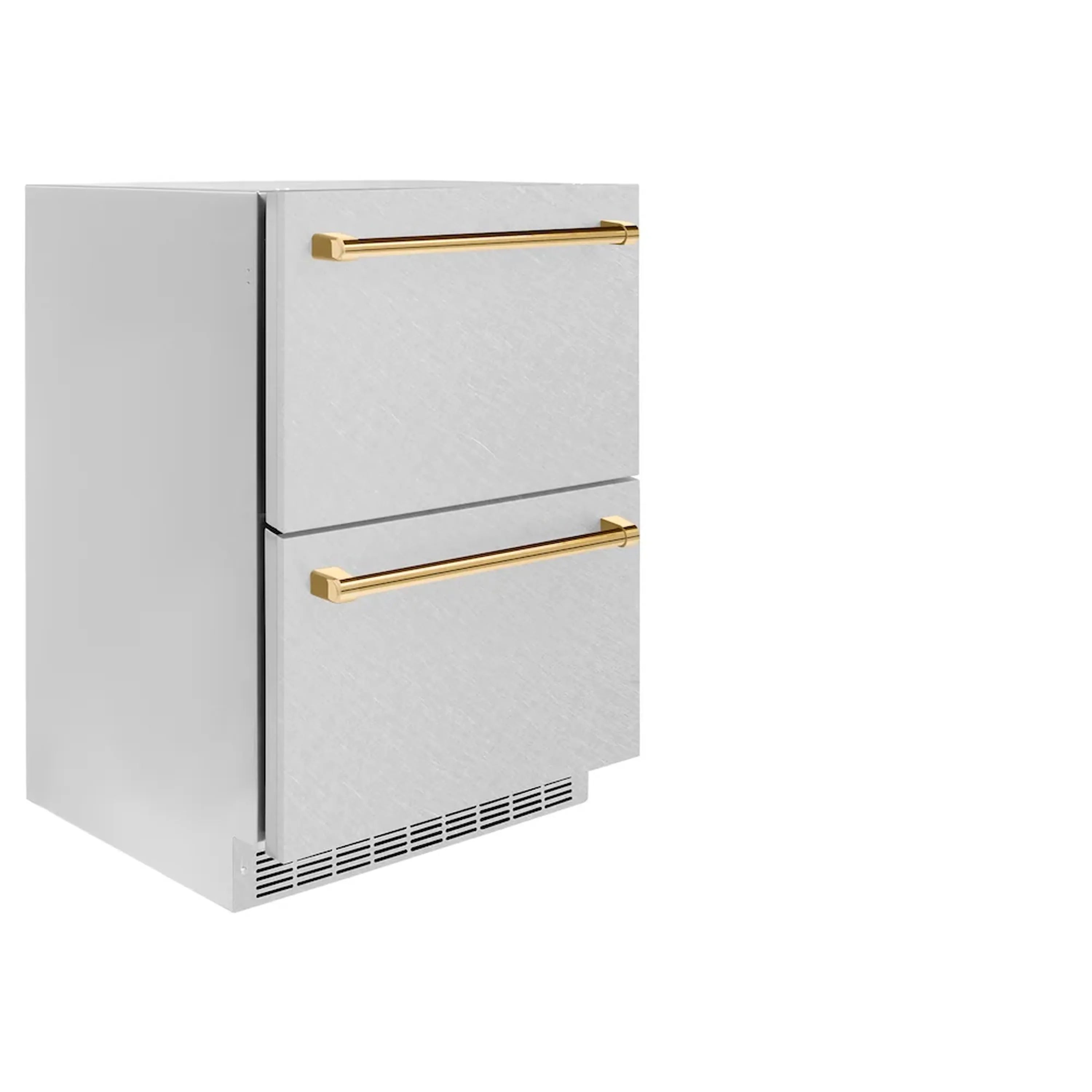 Double-door refrigerator drawer with stainless finish and gold bar handles