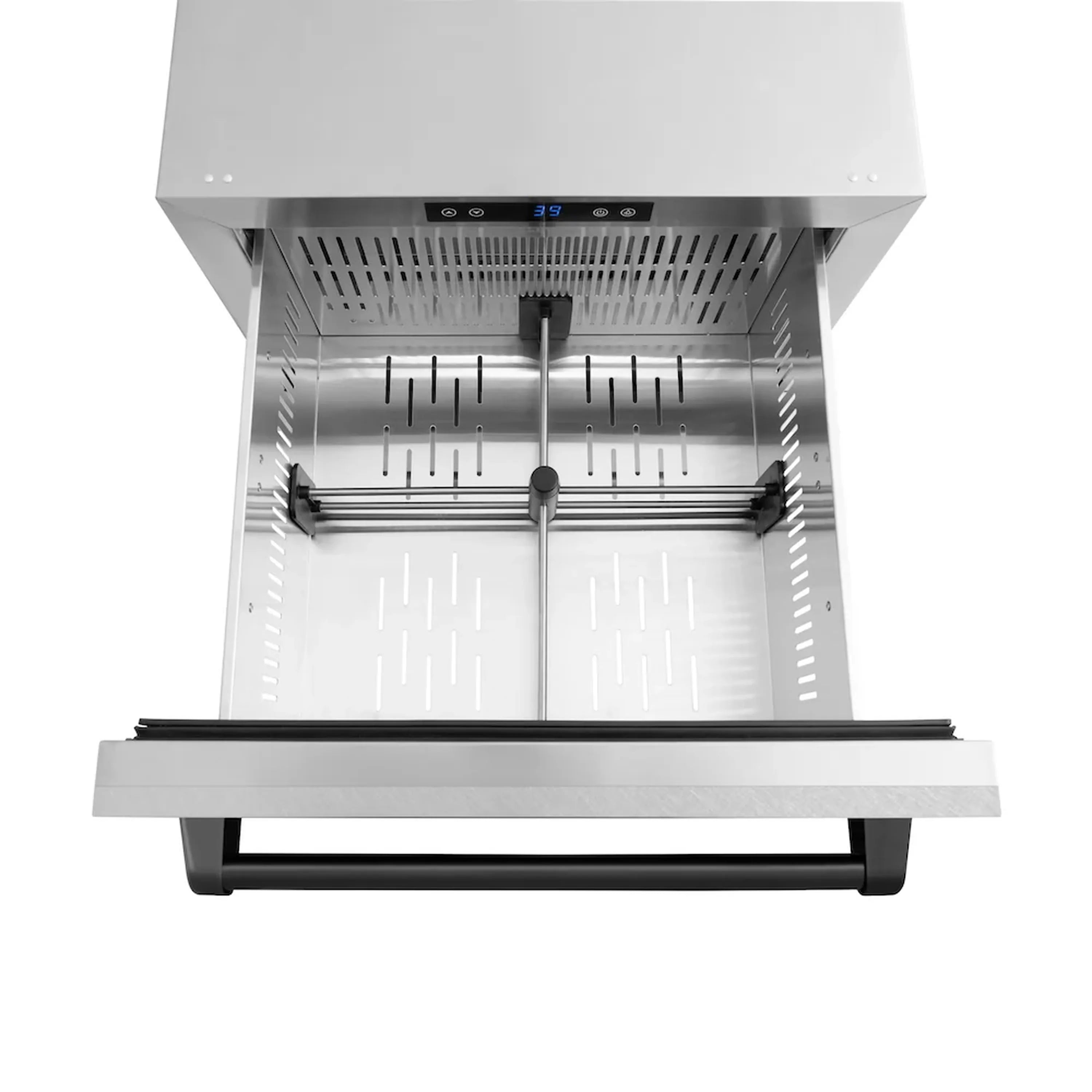 Open refrigerator drawer interior with vented walls and pull-out rack