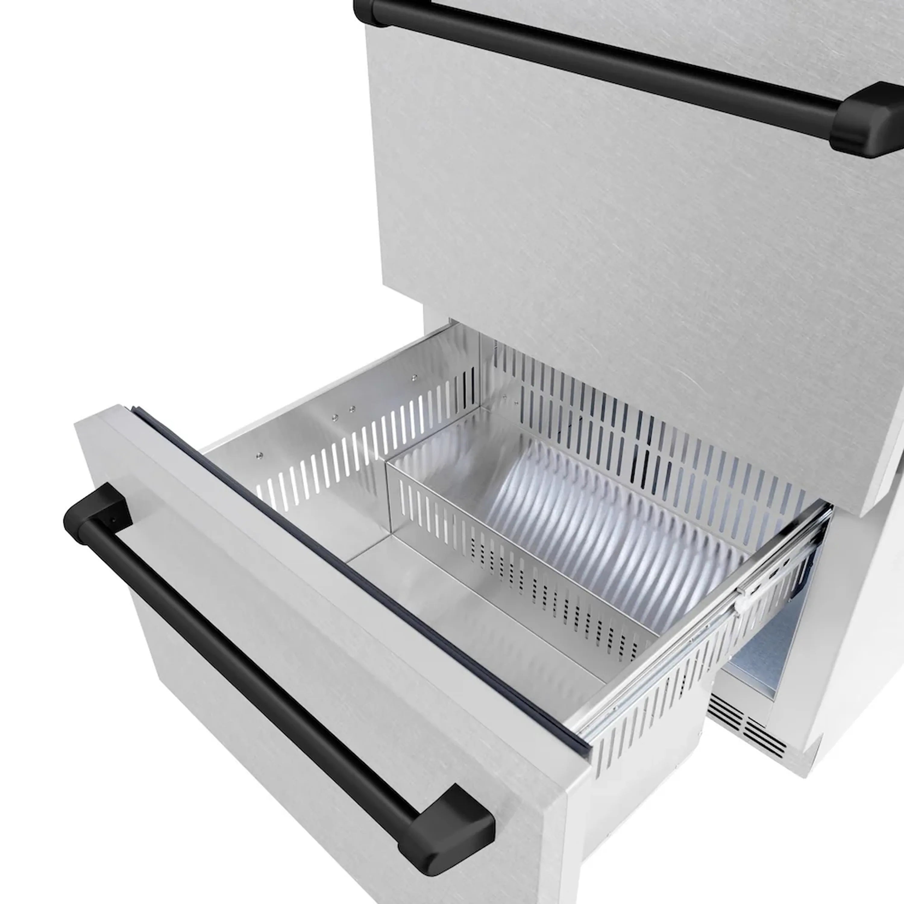 Refrigerator drawer stocked with vegetables and bottled water inside