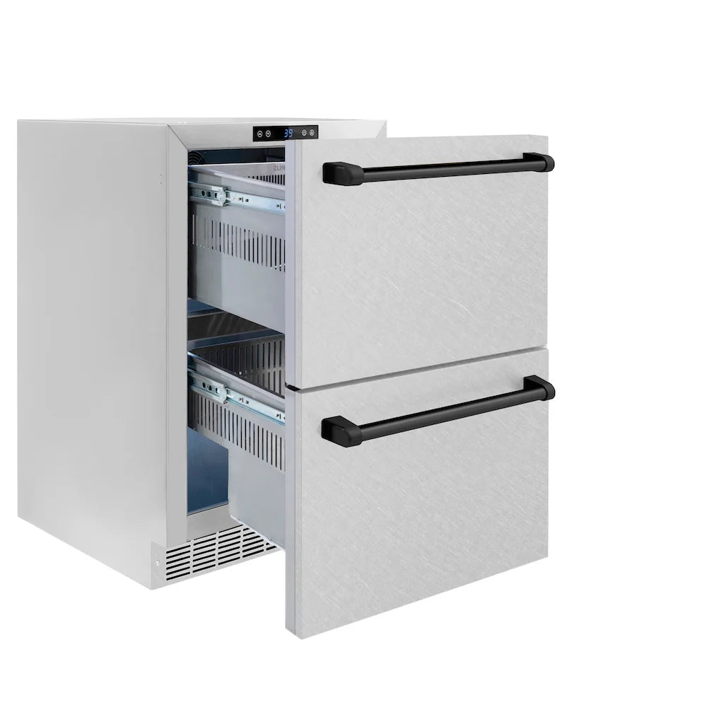 Open 24-inch refrigerator drawer with matte black handles and stainless steel body