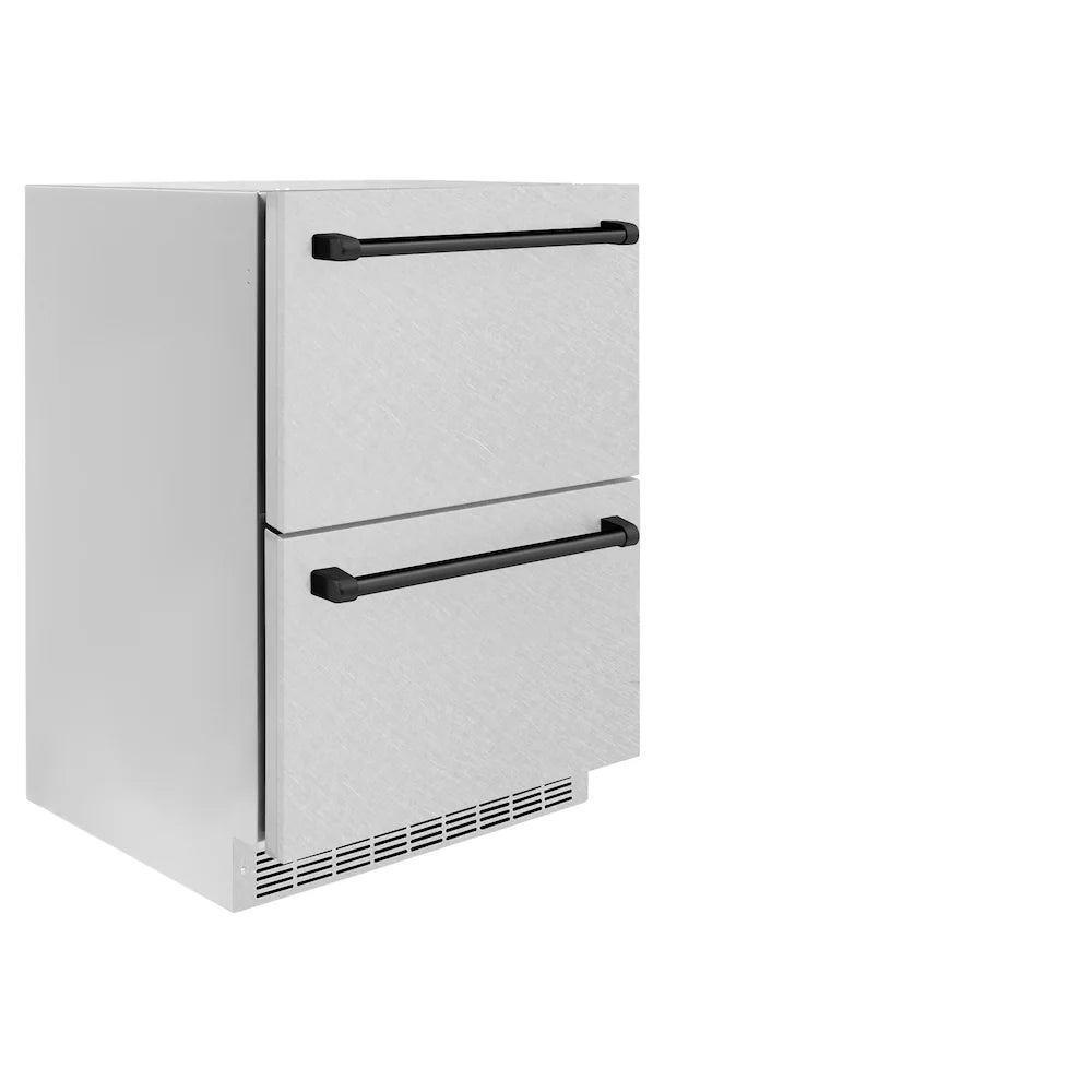 24-inch refrigerator drawer with matte black bar handles, stainless steel exterior