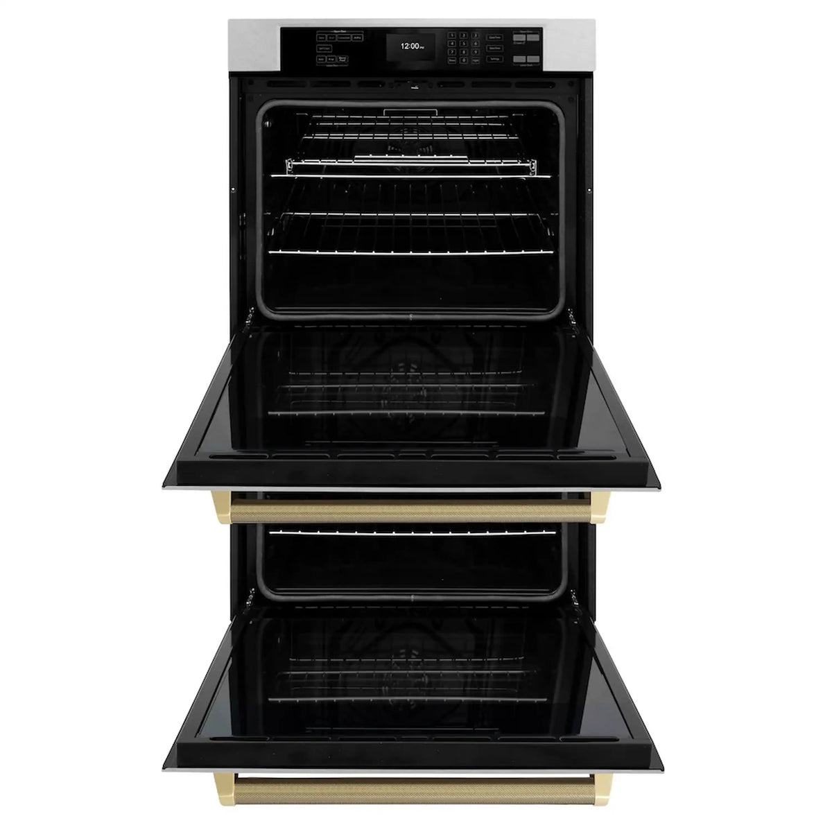 Double wall oven with both doors open, empty racks and bronze drawer rail