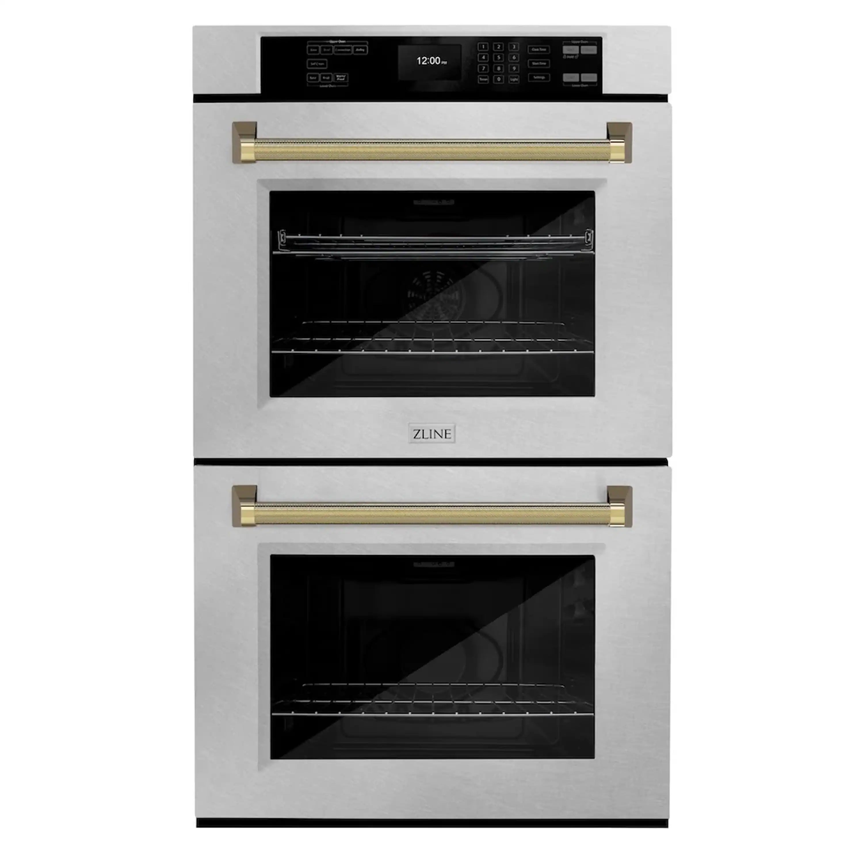 Double wall oven front with open interior racks, gold handles, and black glass doors