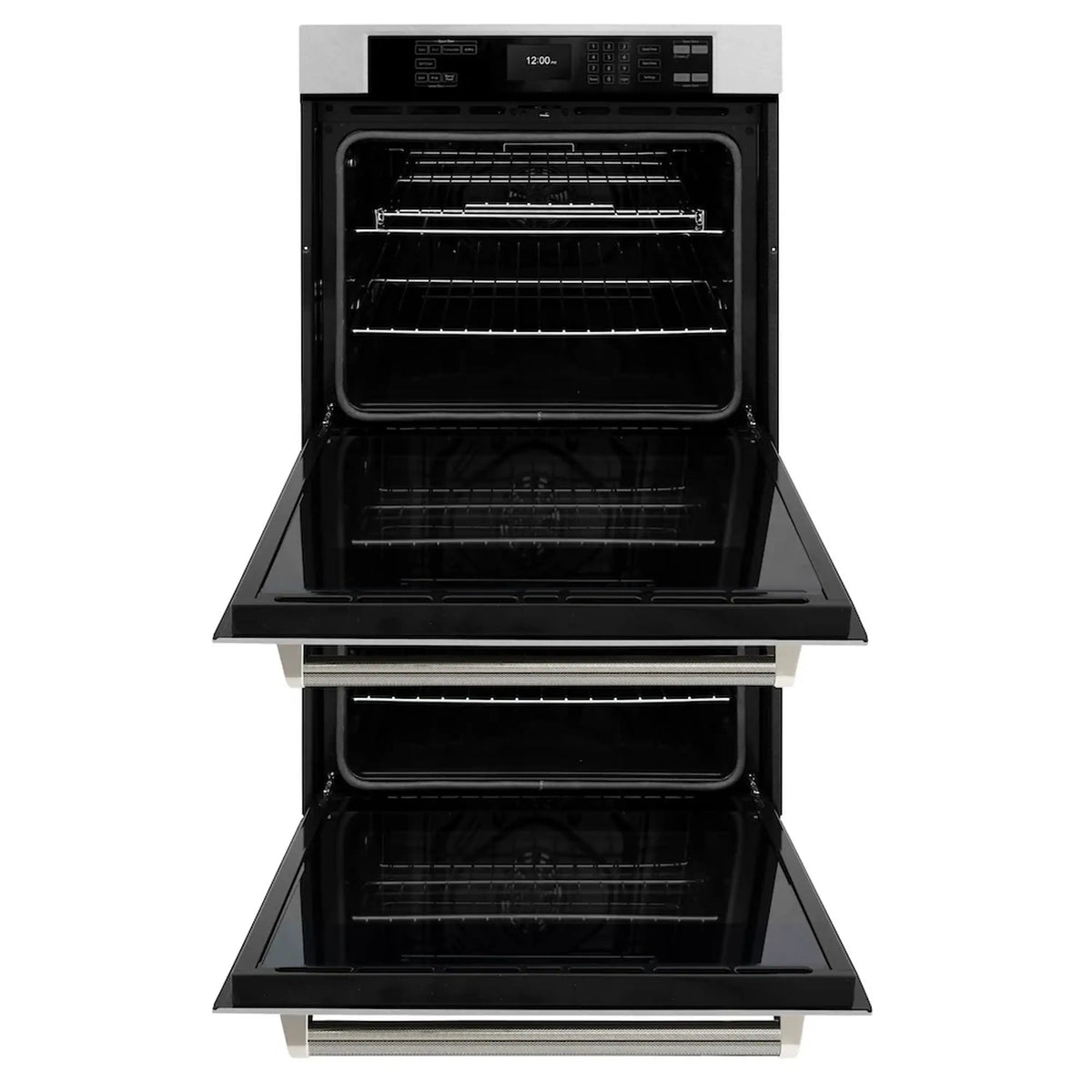Double wall oven interior view with top and bottom wire racks