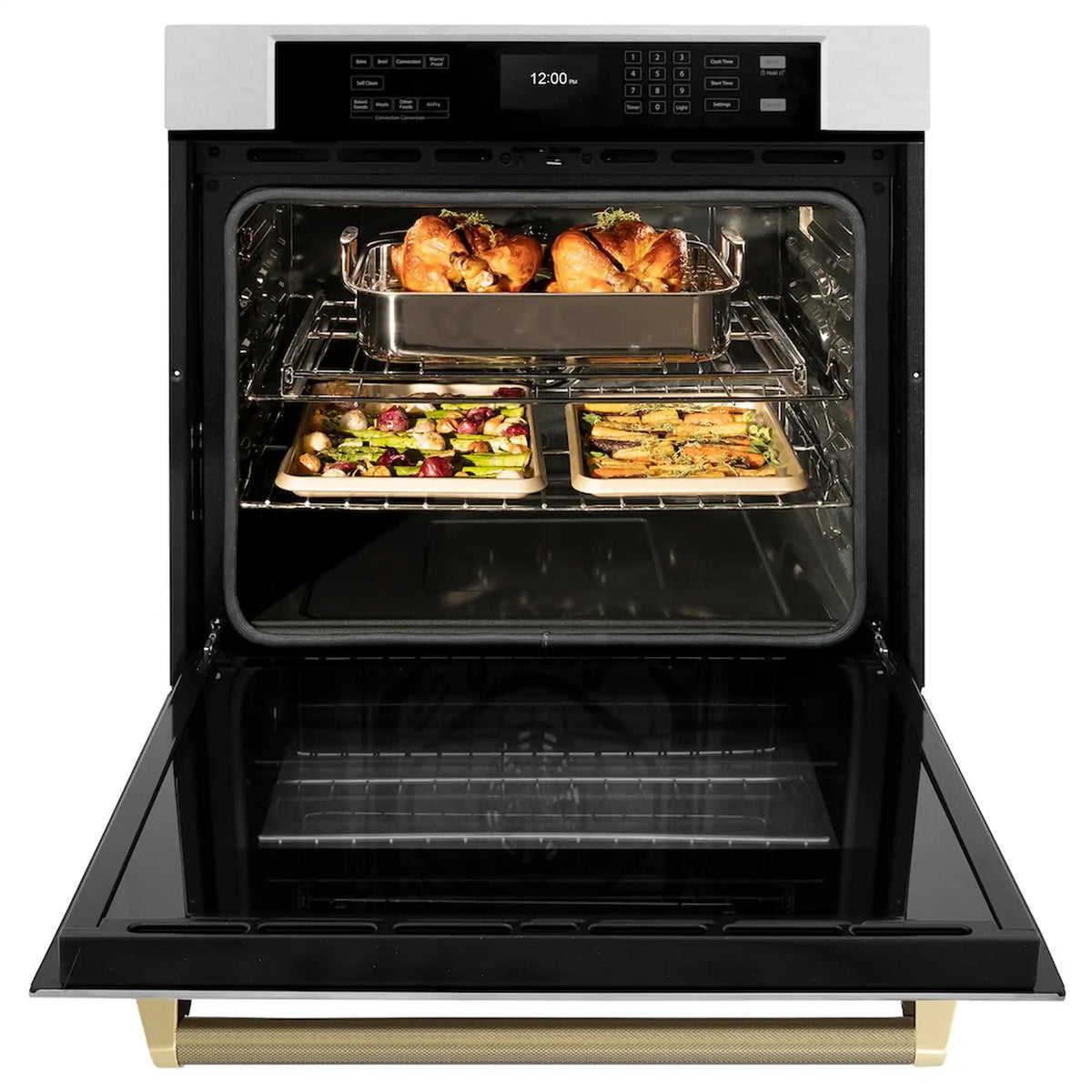 Single wall oven open with roasted chicken and two trays of food on racks