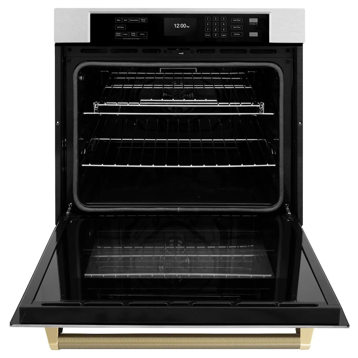 Single wall oven with door open, interior racks and bake chamber