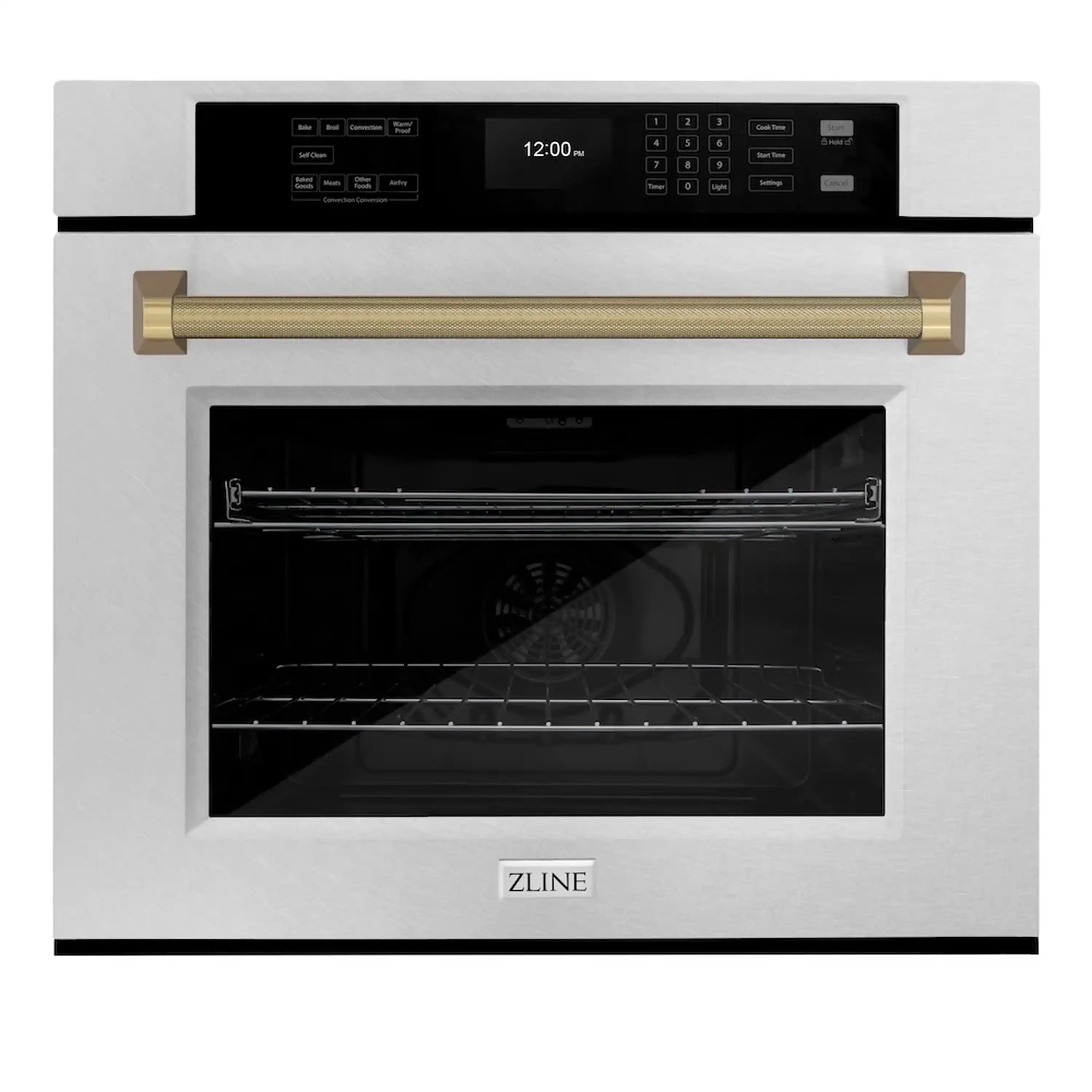 Single wall oven with door open; fan area visible and rack in cavity