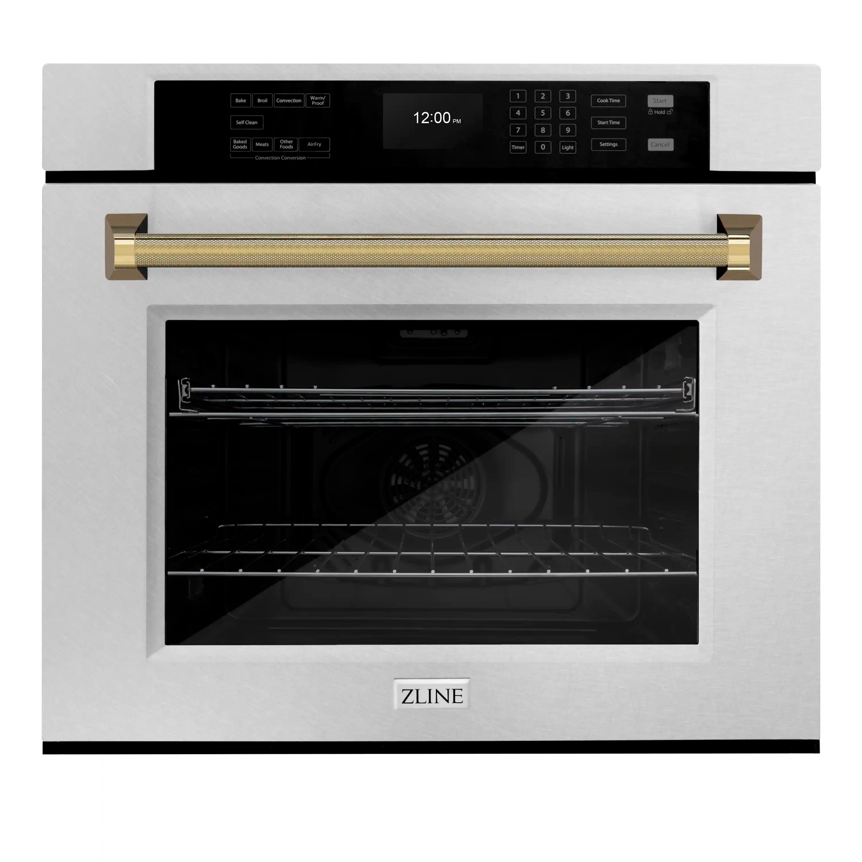 Single wall oven with door open, racks inside, gold helix handle, control panel