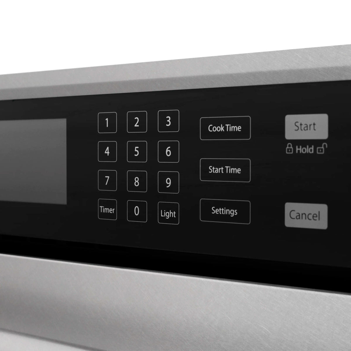 Single wall oven control panel with digital keypad and cook time start buttons